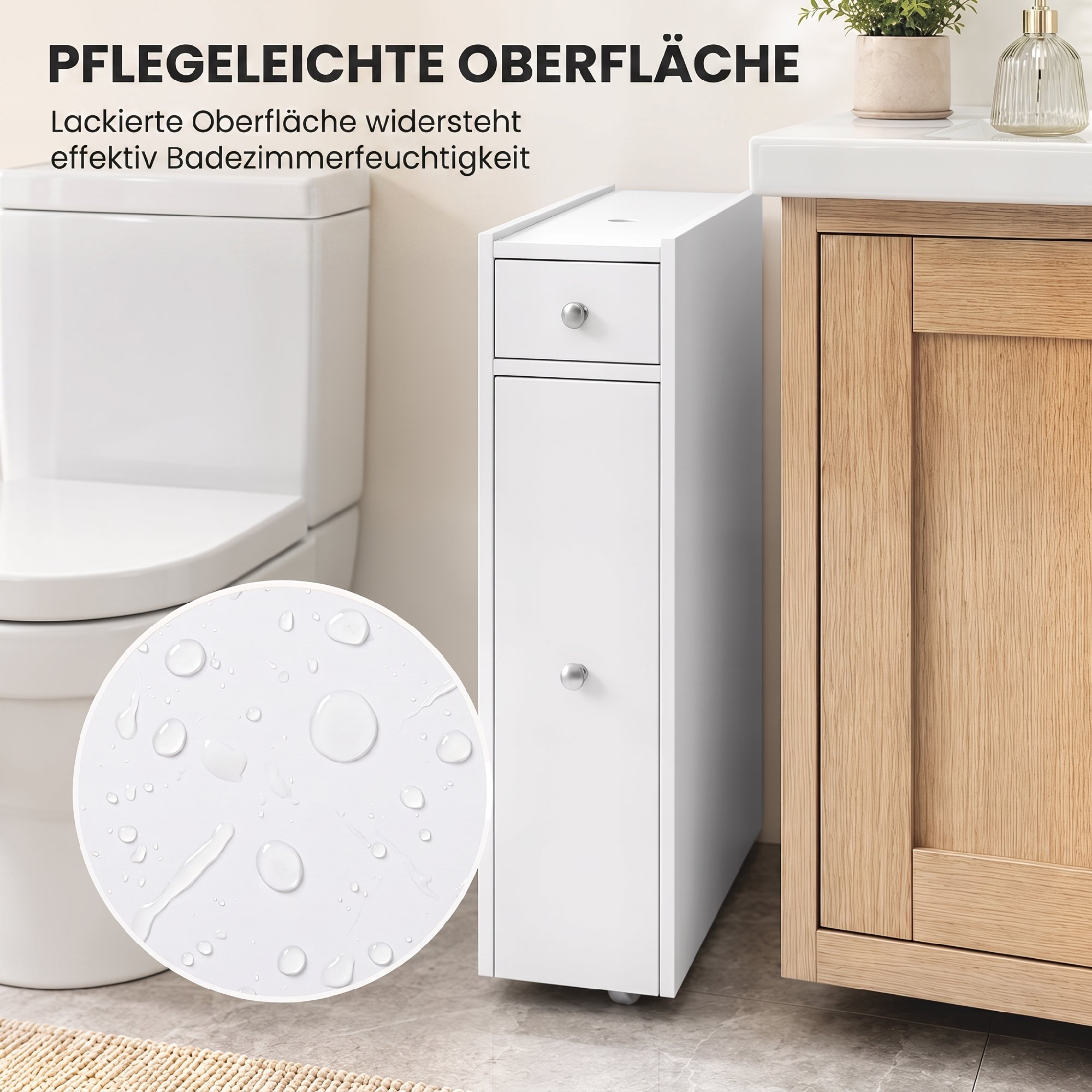 schmaler Badezimmerschrank, Badschrank stehend mit 2 Schubladen, Weiß