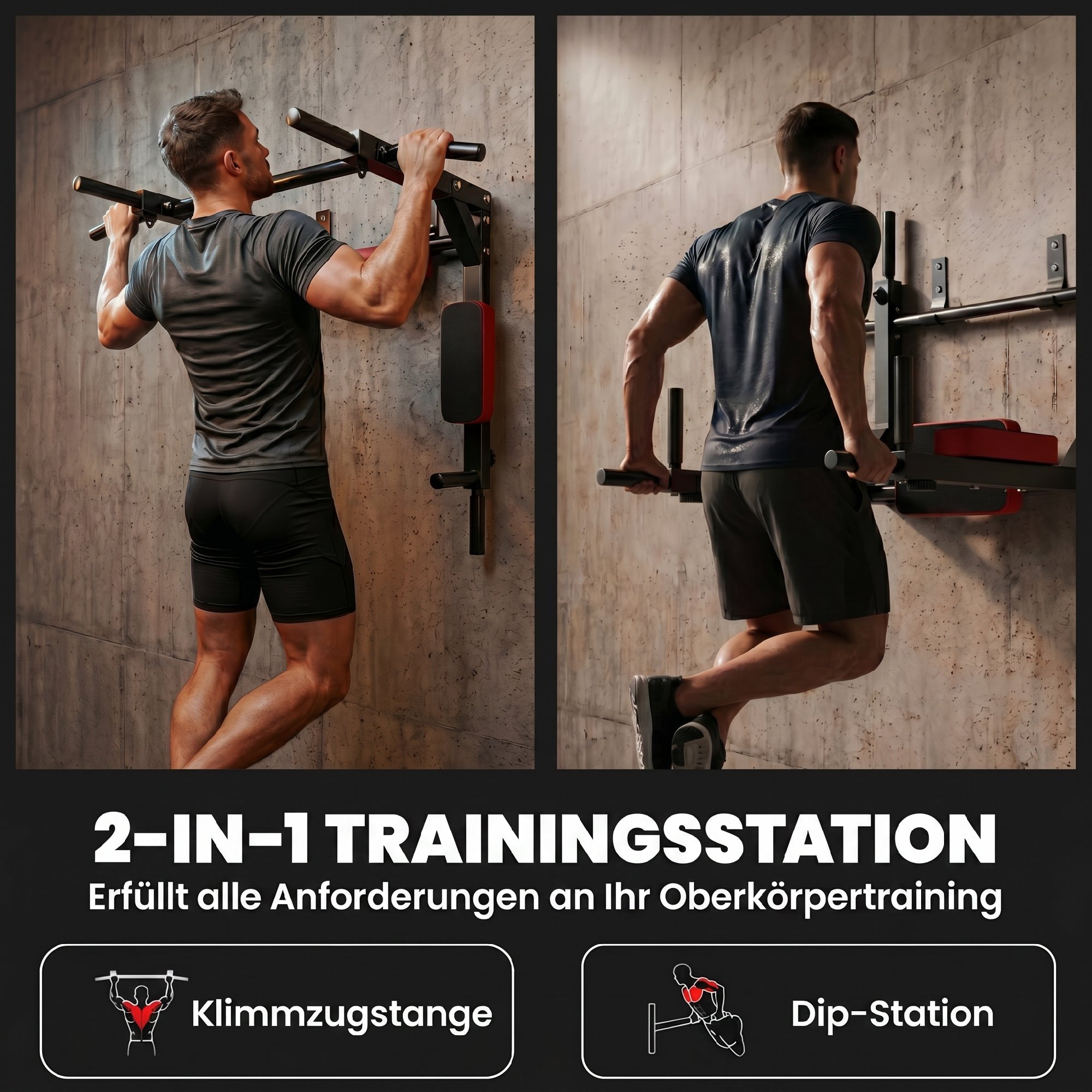 Wand-Klimmzugstange, 2-in-1 Profi-Klimmzug- und Dipstation für das Heimtraining, bis 200 kg, Rot