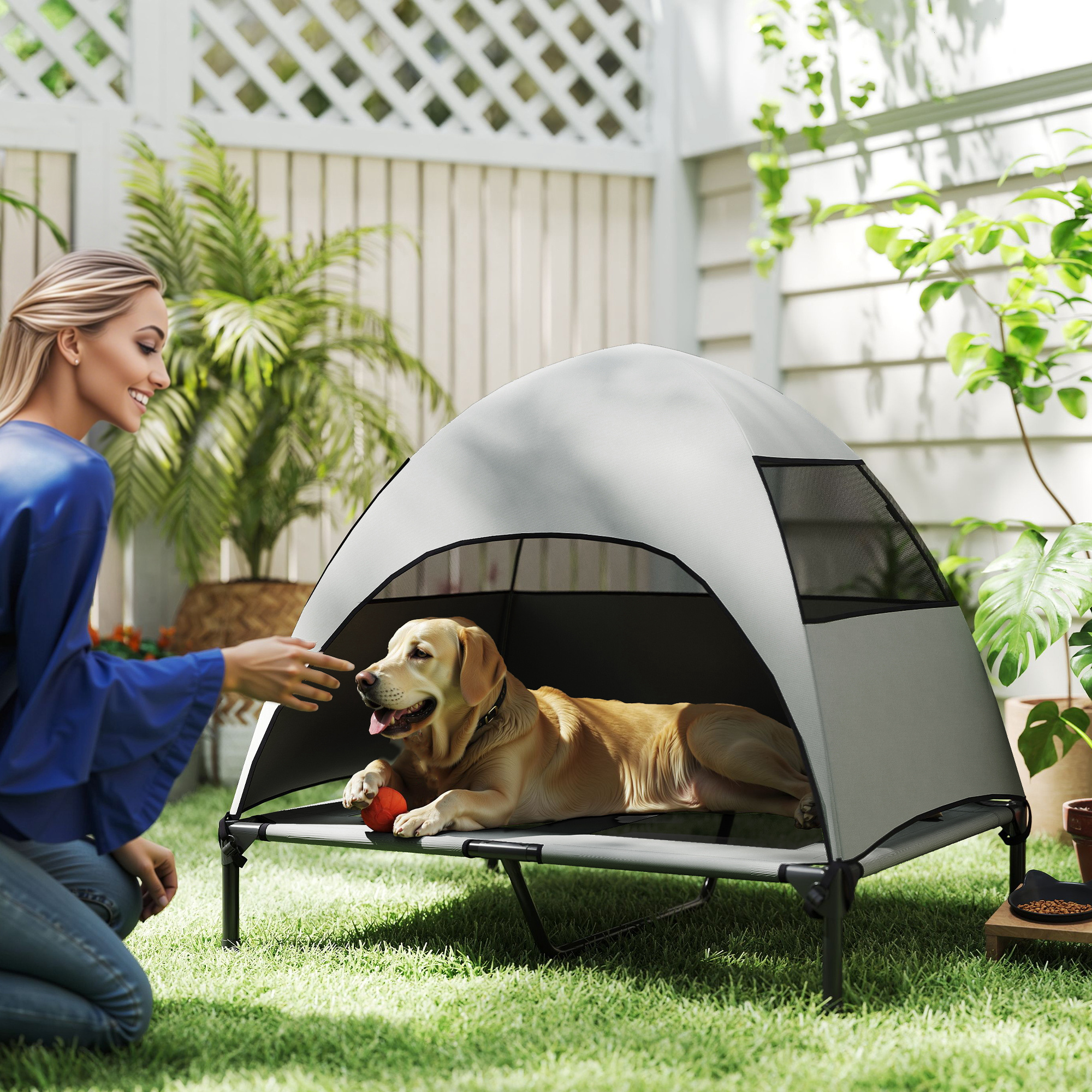 Hundeliege Outdoor mit Dach, erhöhtes Hundebett für Große Hunde, 91 x 76 x 90 cm, Hellgrau
