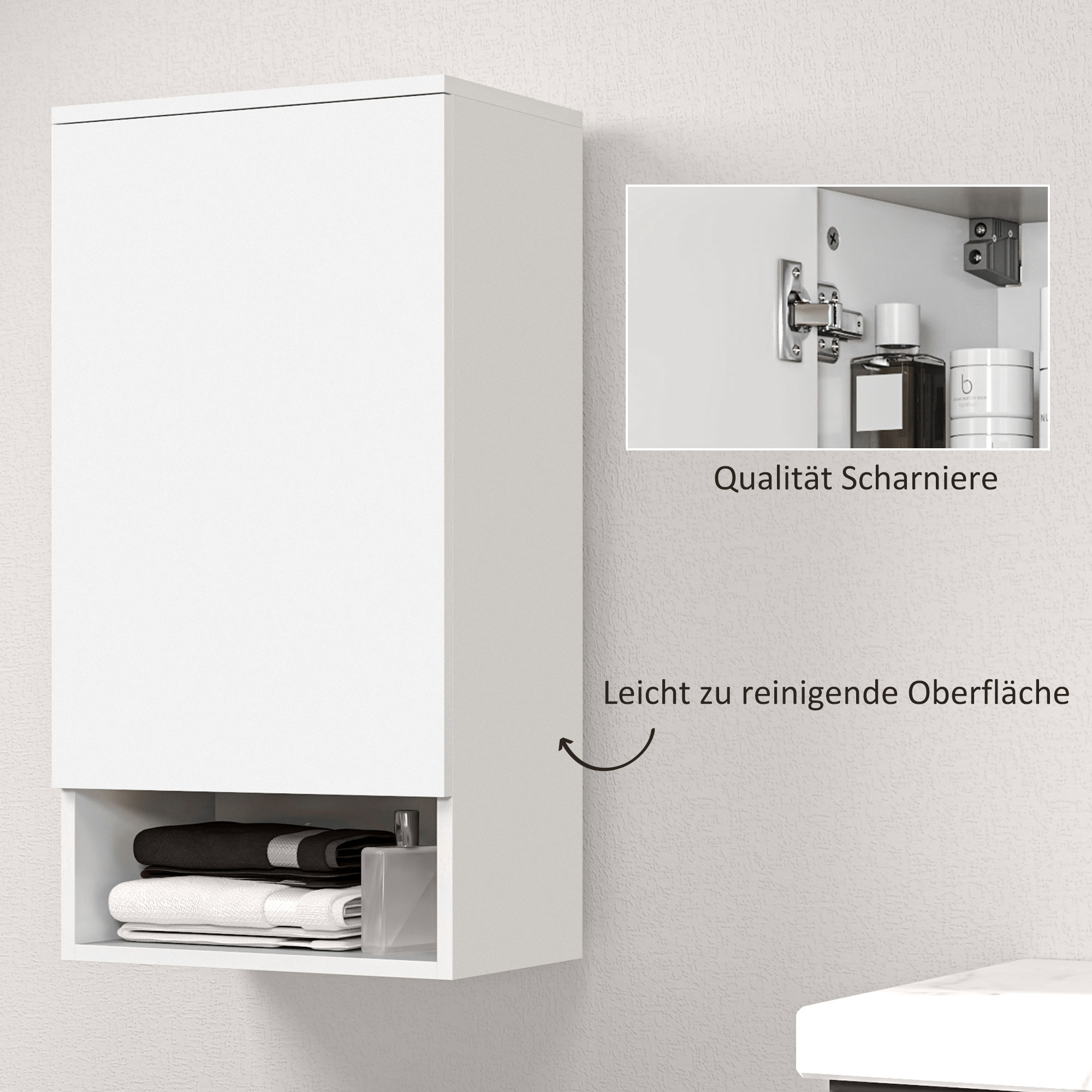 Wandmontierter Badezimmerschrank, Wandschrank für Badezimmer mit verstellbaren Ablagen, offenem Fach, Holz, Weiß