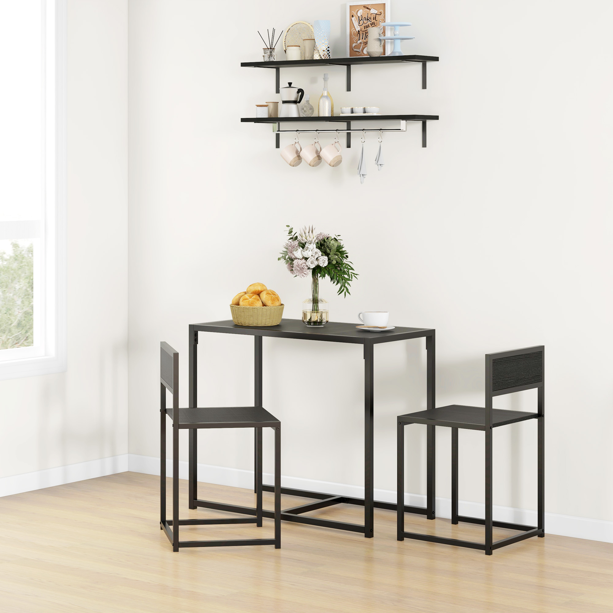 3-teiliges Bartisch-Set Hochtisch-Set 3-teilig, 2 Stühle, 1 Tisch, 90 cm x 47 cm x 76 cm, Schwarz