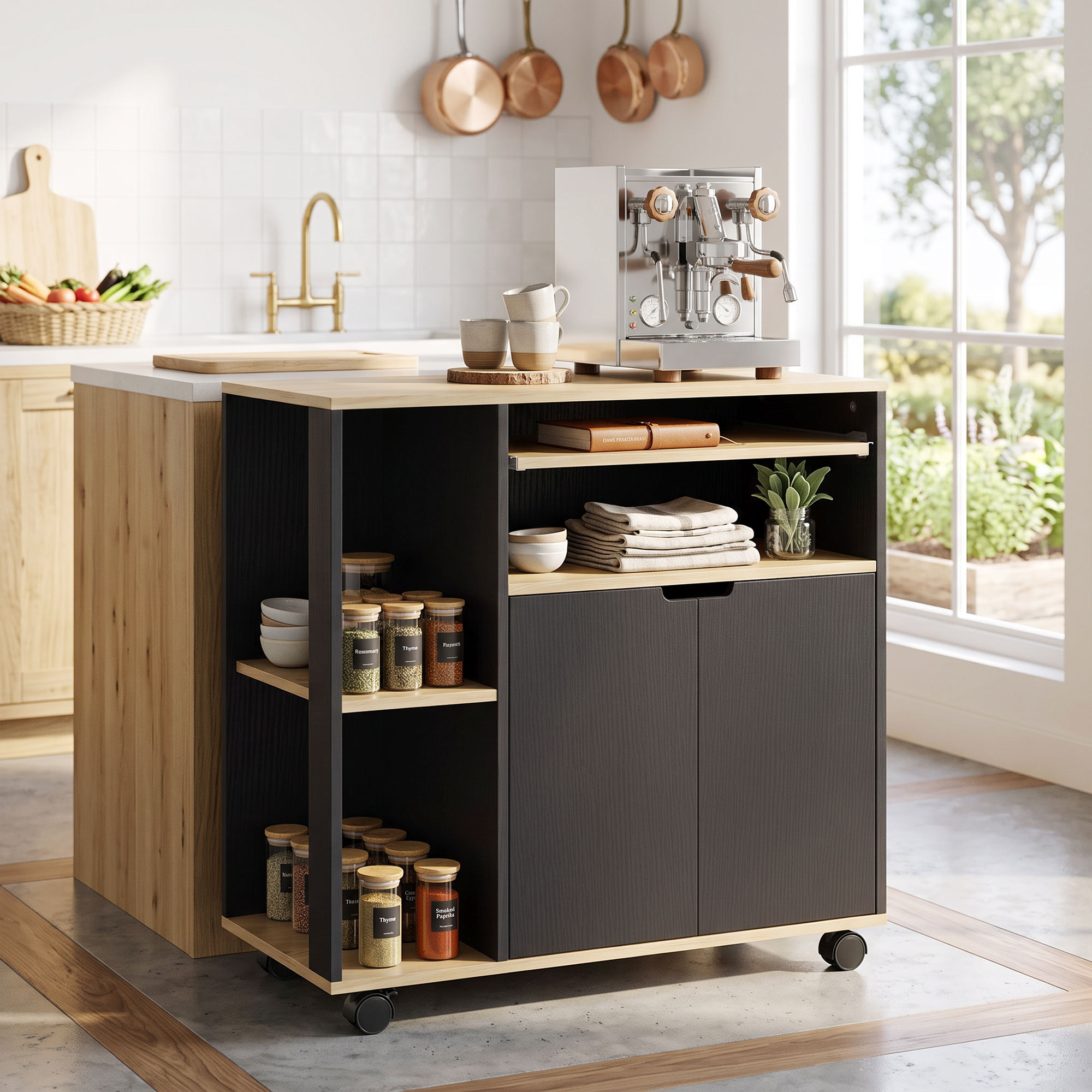rollender Küchenwagen mit Stauraum, Schrank, verstellbare Regale, für Küche, Wohnzimmer, Esszimmer, Schwarz