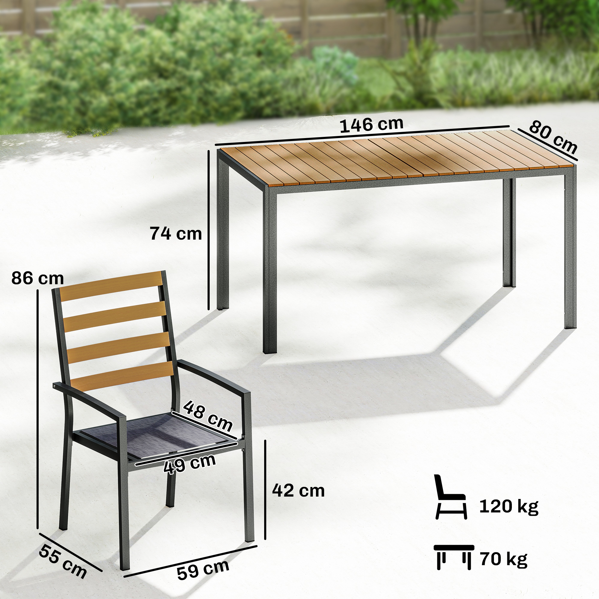 7 tlg. Sitzgruppe Gartenmöbel-Set, Gartengarnitur mit 1 Esstisch, 6 Stühlen, Kissen, für Terrasse, Naturholz