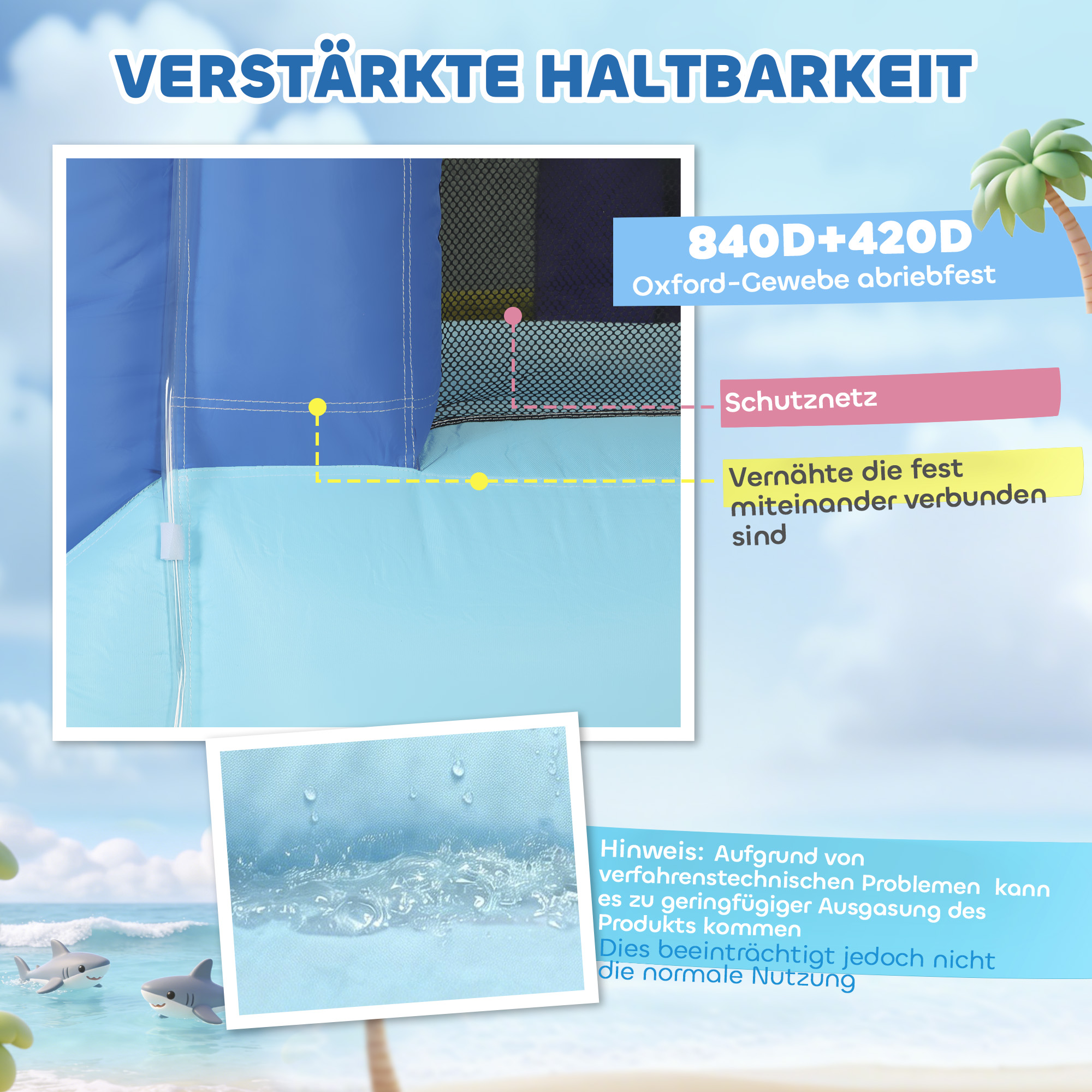 8-in-1 Hüpfburg mit Hai-Design Gebläse, Rutsche, Planschbecken Trampolin für 3-8 Jahre 405x345x235cm, mehrfarbig