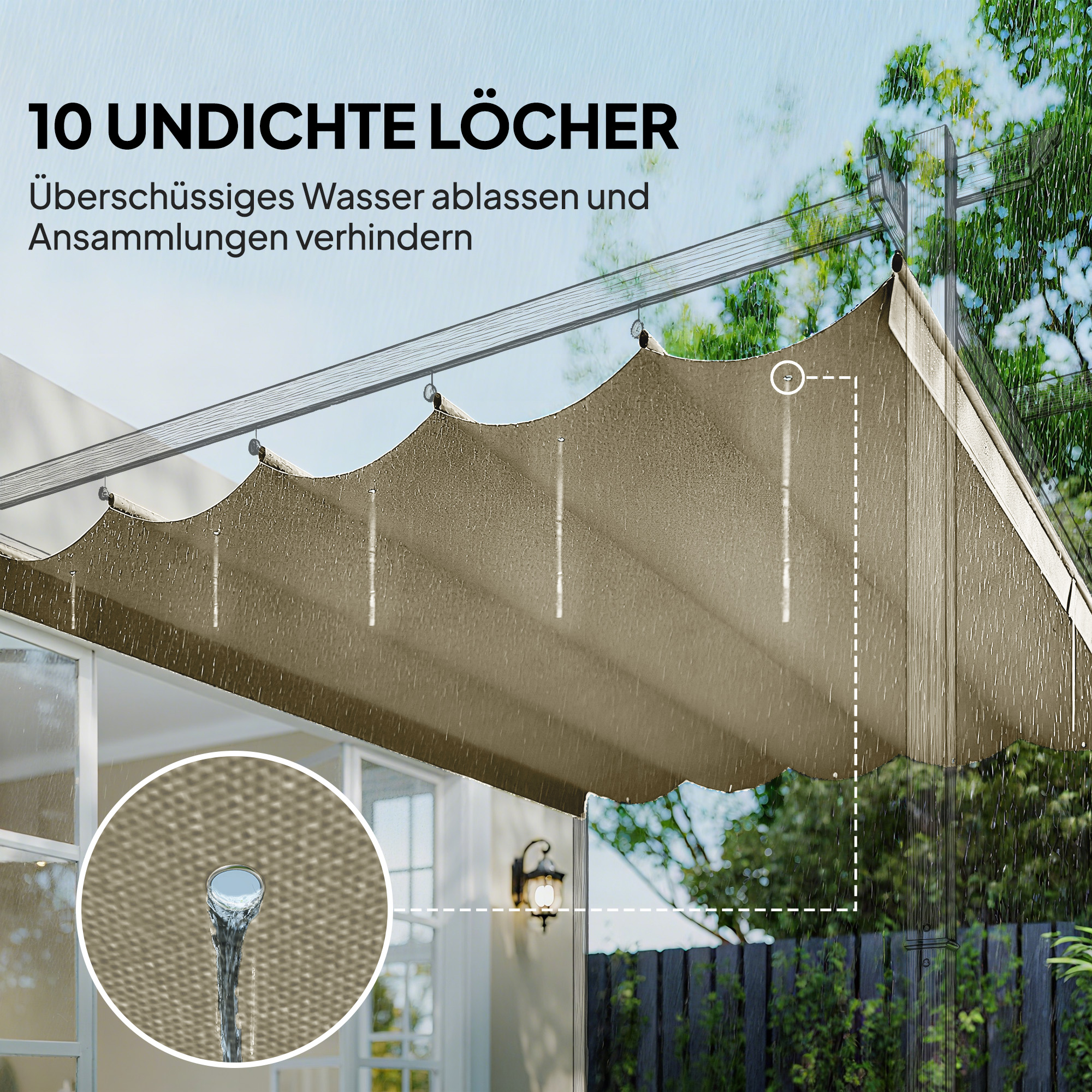 Ersatzdach für 3 x 3 m Pergola, einziehbar, mit Regenabflusslöchern, wetterfest, Polyester, Beige
