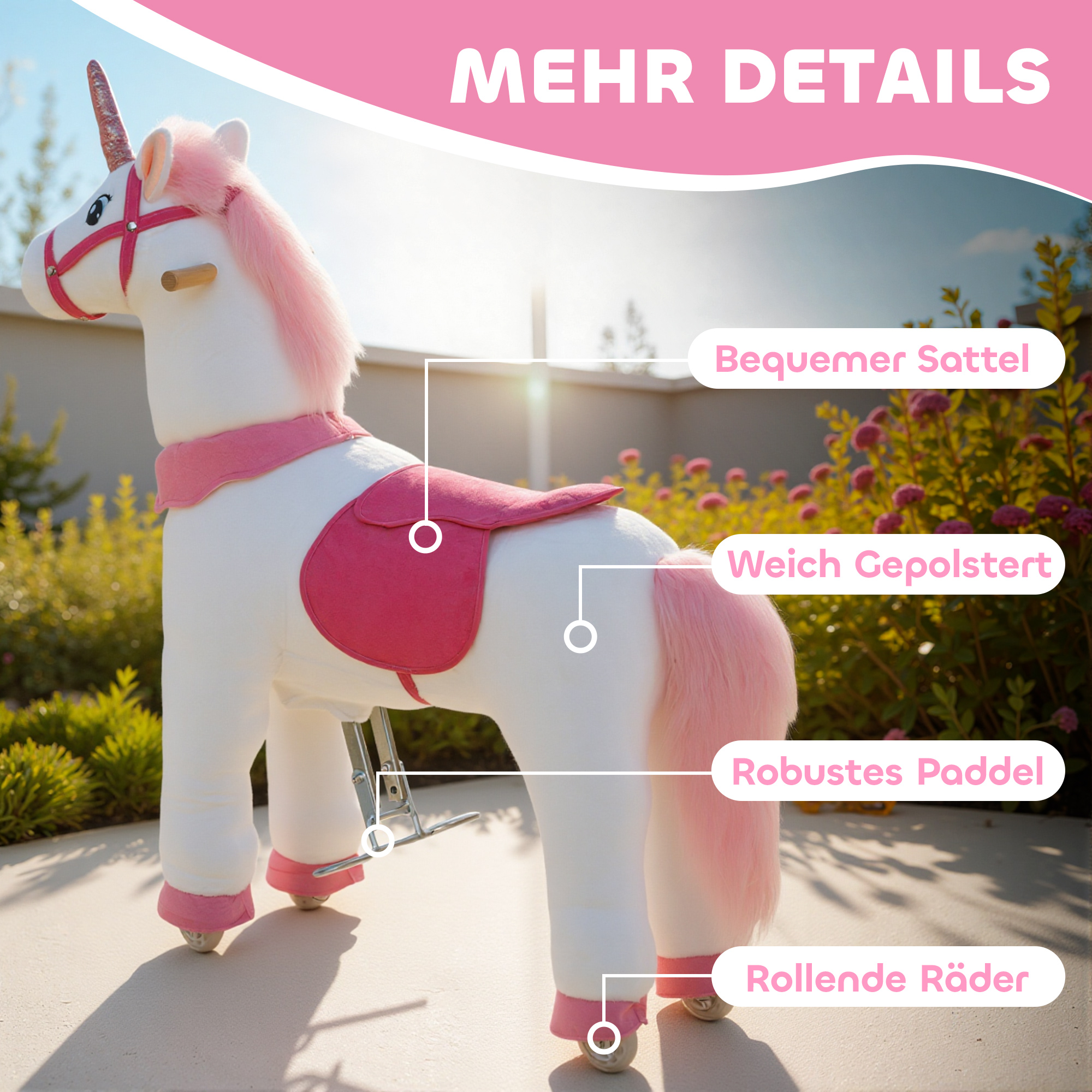 Reitpferd für Kinder, Einhorn-Design, Stoffbezug, stabiler Rahmen, sanfte Räder, Schaukelpferd, 3-5 Jahre, Weiß
