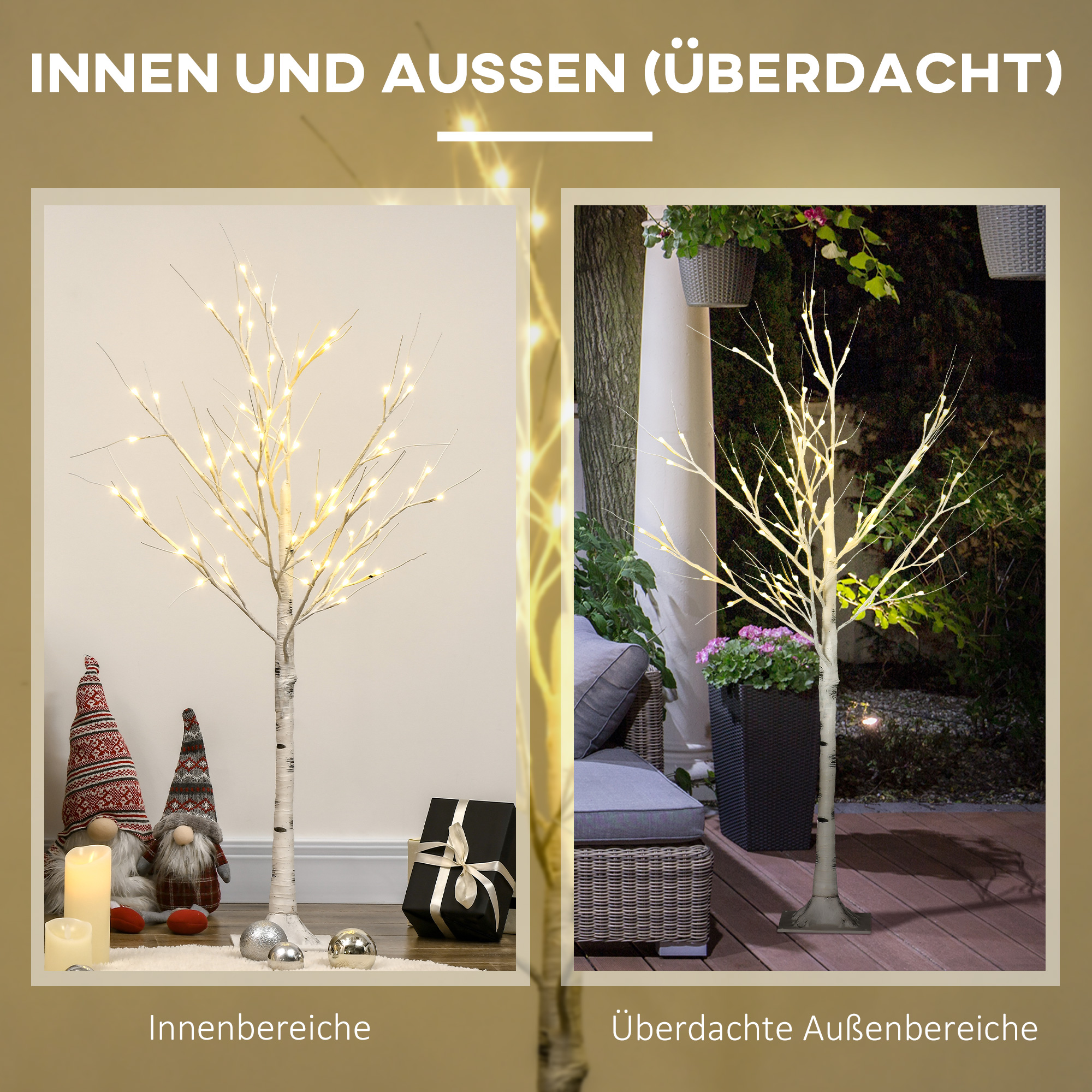 Kunstbaum, Kunstbirke, mit LED-Beleuchtung, warmweiß, realistische, weiße Rinde, 17L x 17B x 120H cm