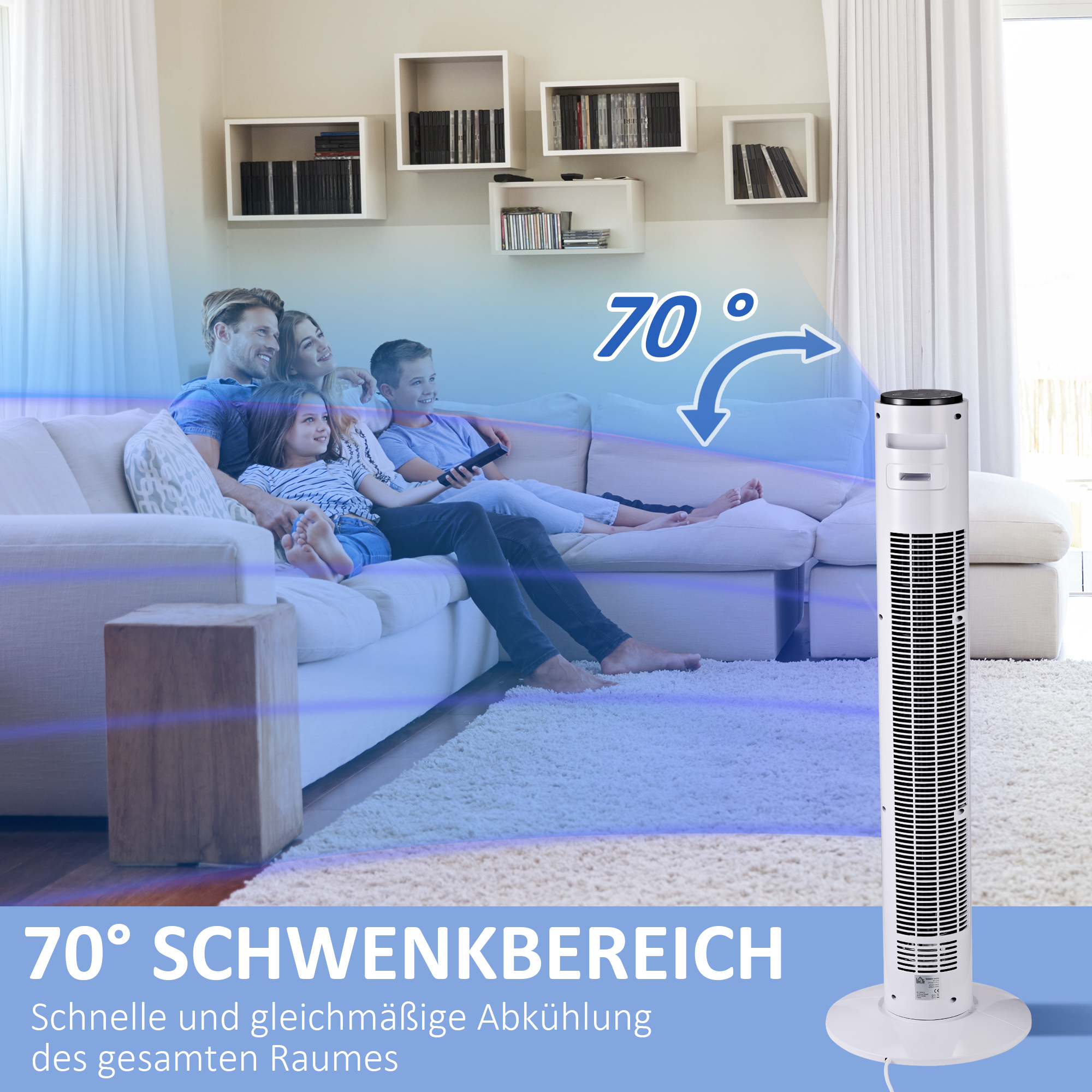 Turmventilator mit Fernbedienung 70° oszillierender 96 cm Standventilator Säulenventilator 45 W mit 3 Modi 3 Geschwindigkeiten Timer Weiß