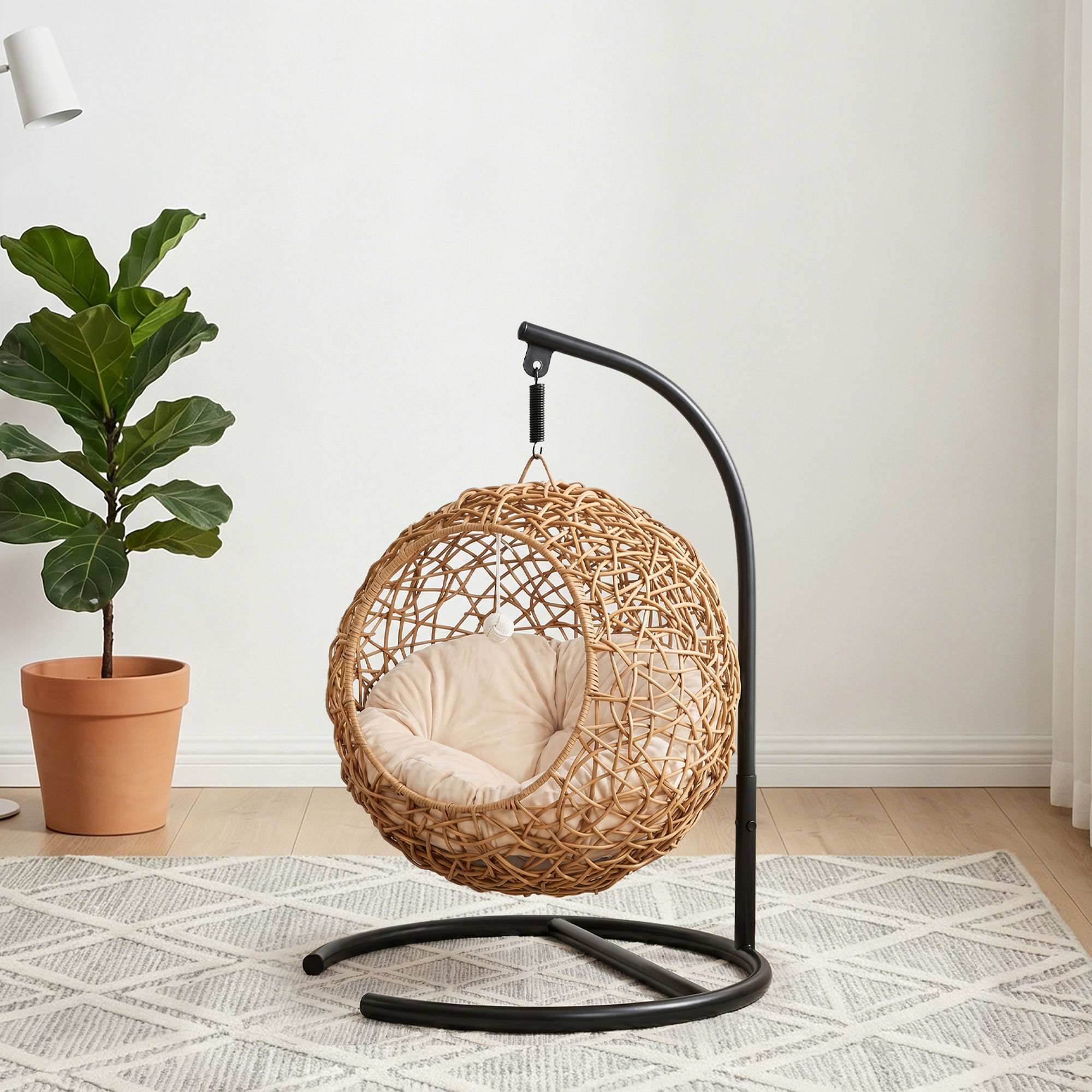 Katzenbett Rattan Katzenhöhle mit Waschbarem Kissen und Spielball, für Katzen bis 10 kg, 45 x 41 x 75 cm, Hellbraun
