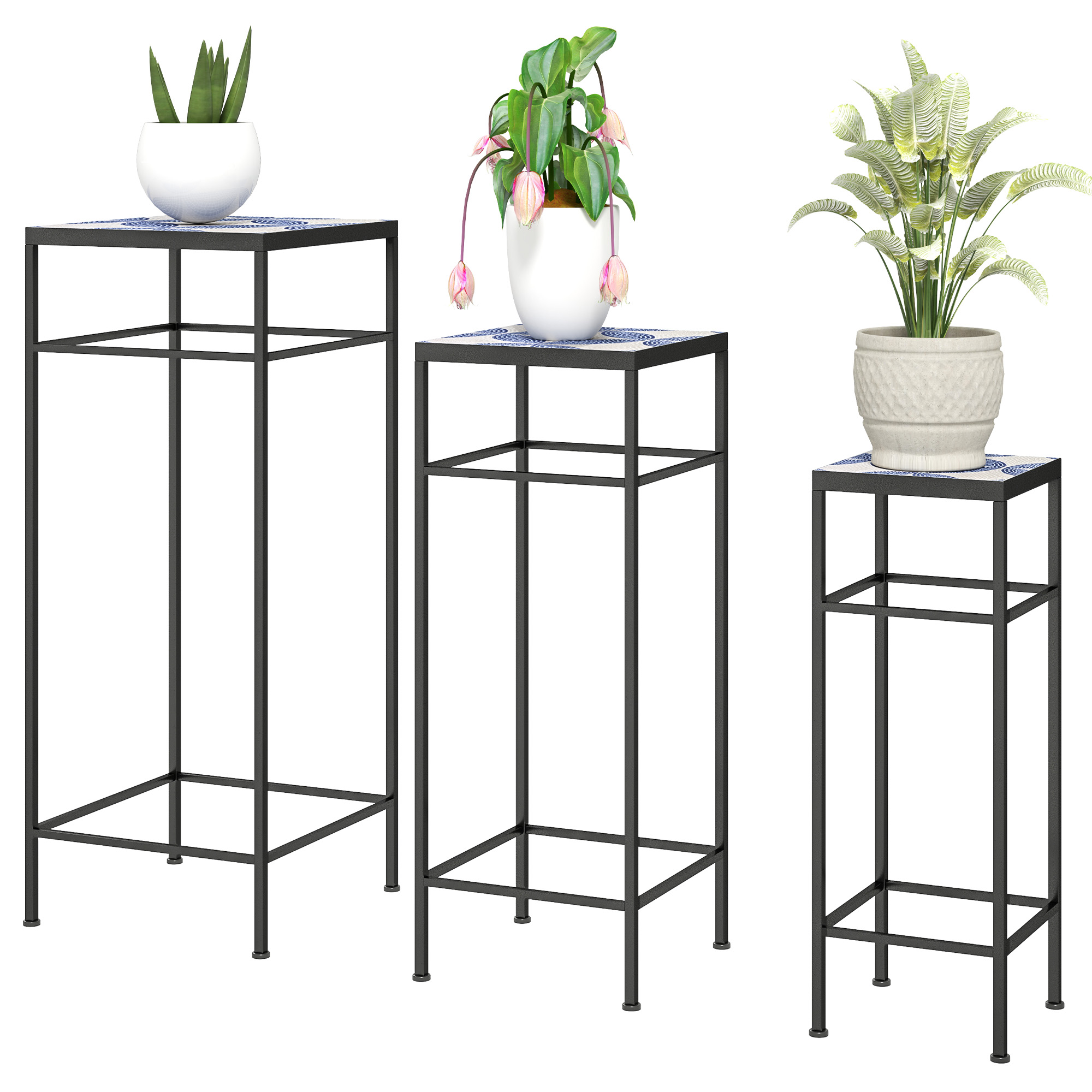 3er-Set Pflanzenständer, 3 verschieden große Gestelle zum Präsentieren von Blumen und anderen Gegenständen, Blau+Weiß 3er-Set Pflanzenständer, 3 verschieden große Gestelle zum Präsentieren von Blumen und anderen Gegenständen, Blau+Weiß