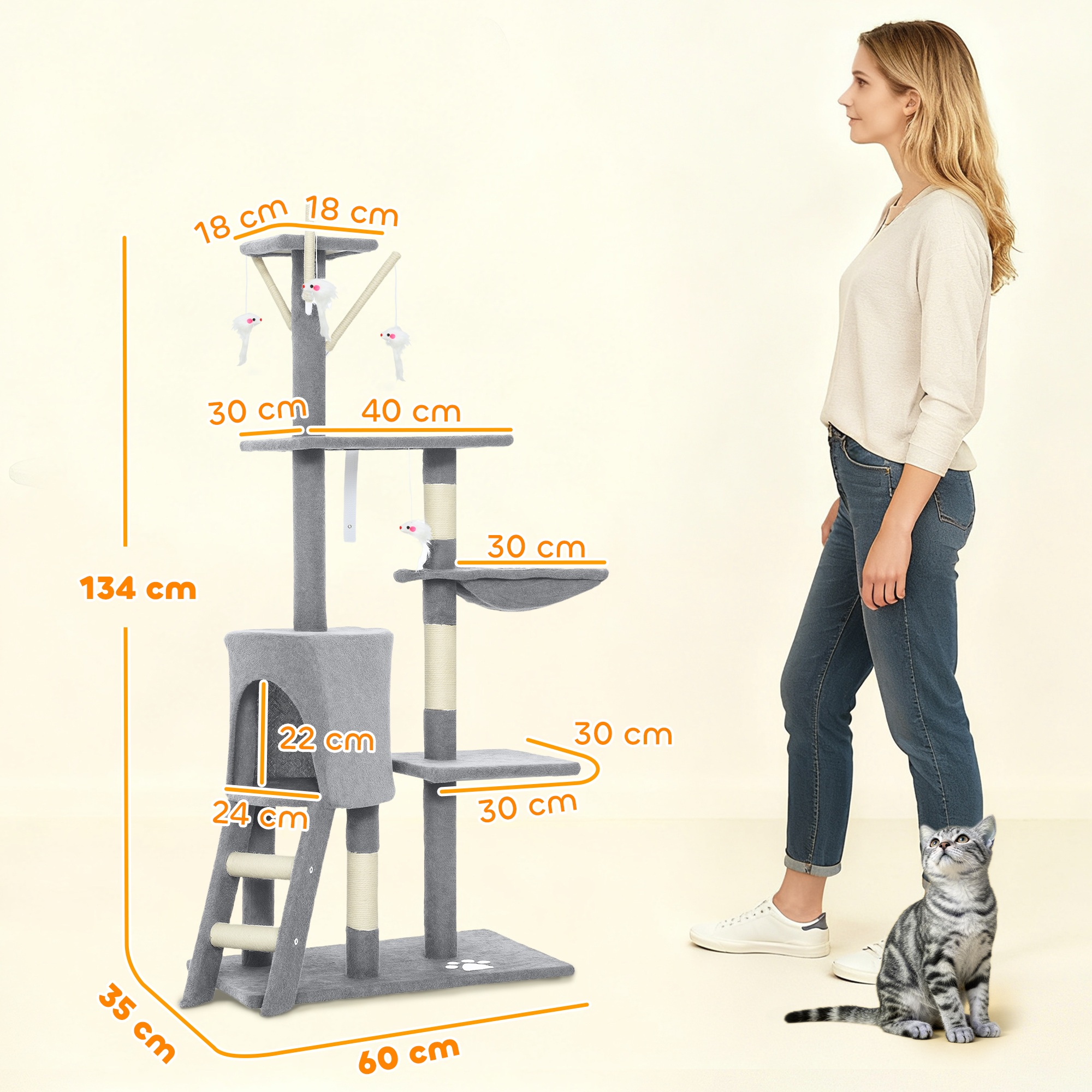 Kratzbaum Katzenbaum mit Höhle, 4 Spielzeuge, Sisalstämme, große Plattform, Treppe, für Katzen unter 5 kg, Grau