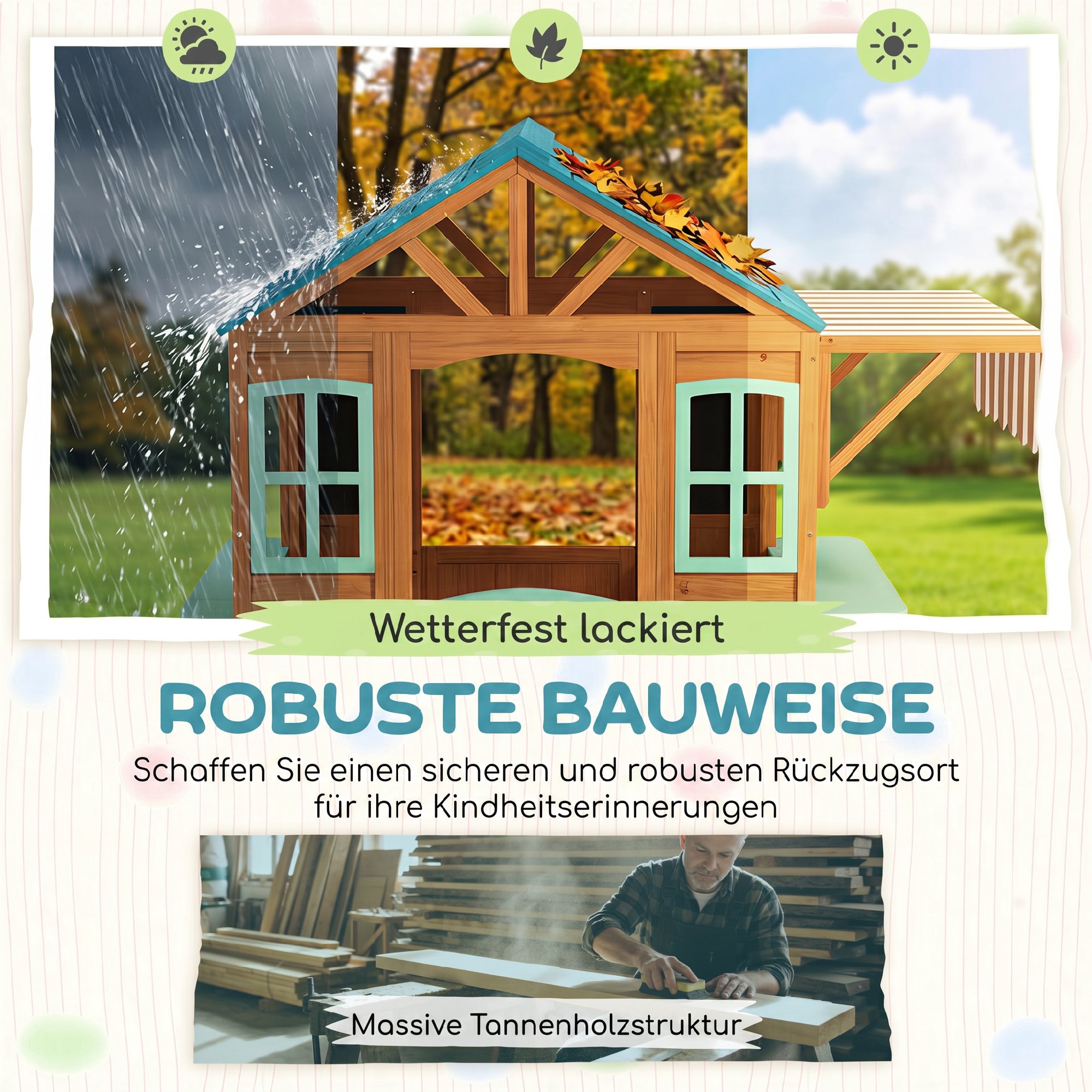 Outdoor Kinderspielhaus mit Verkaufstheke Pflanzenkasten Kreidetafel Zieltuch 4 Ball 142 x 120 x 141,5 cm Mehrfarbig