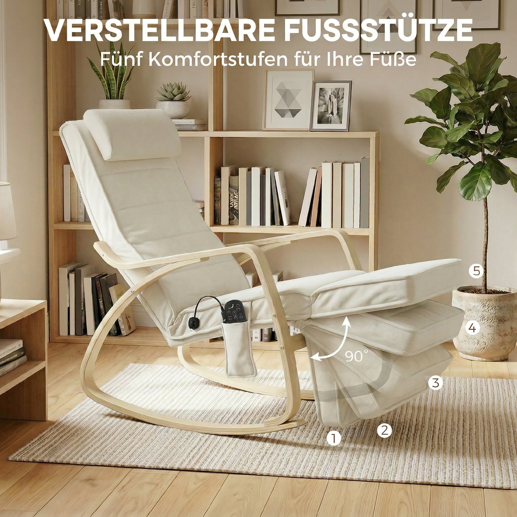 Schaukelstuhl mit Massage, Heizung, Kopfstütze & Fußstütze, Samtbezug, Relaxsessel, Cremeweiß