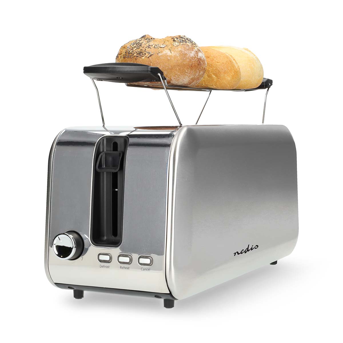 Toaster | 4 Brotscheiben | 2 Lange Schlitze | Bräunungsstufen: 7 | Auftaufunktion | Aluminium / Silber Toaster | 4 Brotscheiben | 2 Lange Schlitze | Bräunungsstufen: 7 | Auftaufunktion | Aluminium / Silber