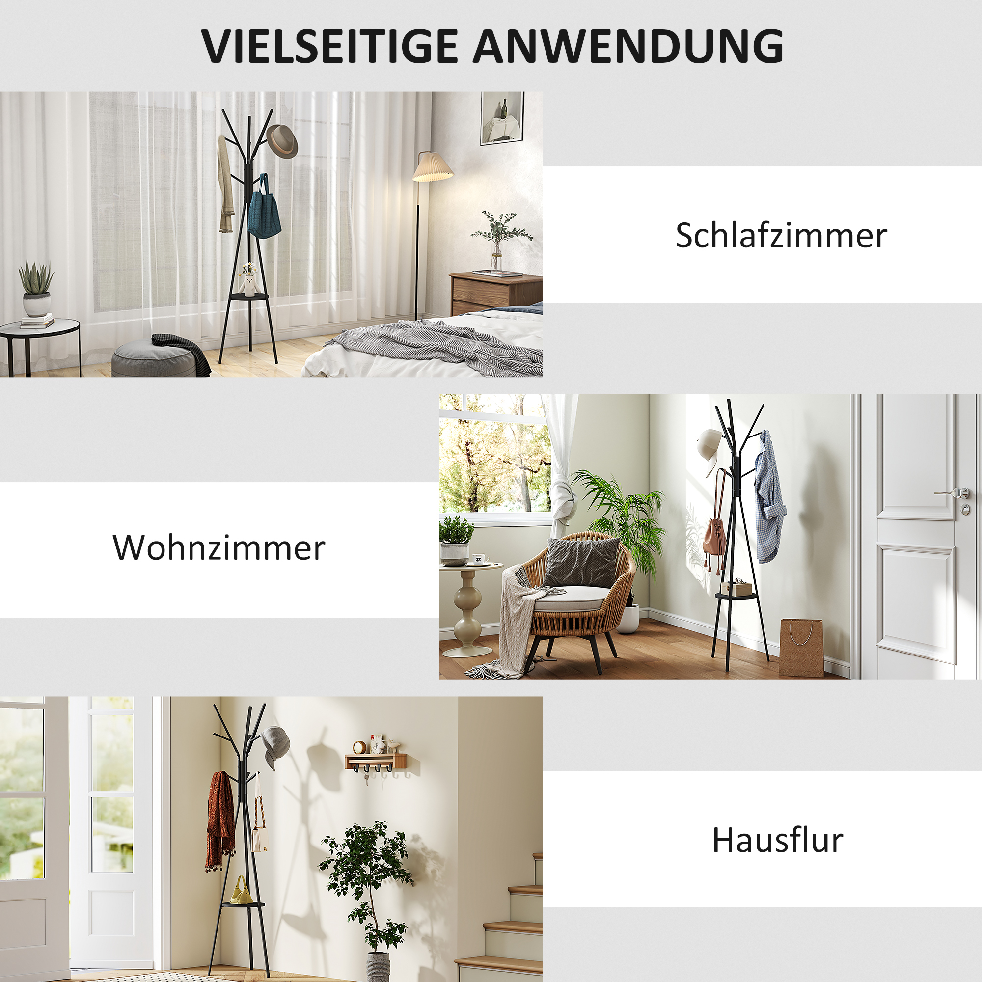 Garderobenständer Kleiderständer mit Ablage und 8 Haken Jackenständer Moderner Garderobe für Kleidung Hut Tasche, Wohnzimmer, Schwarz