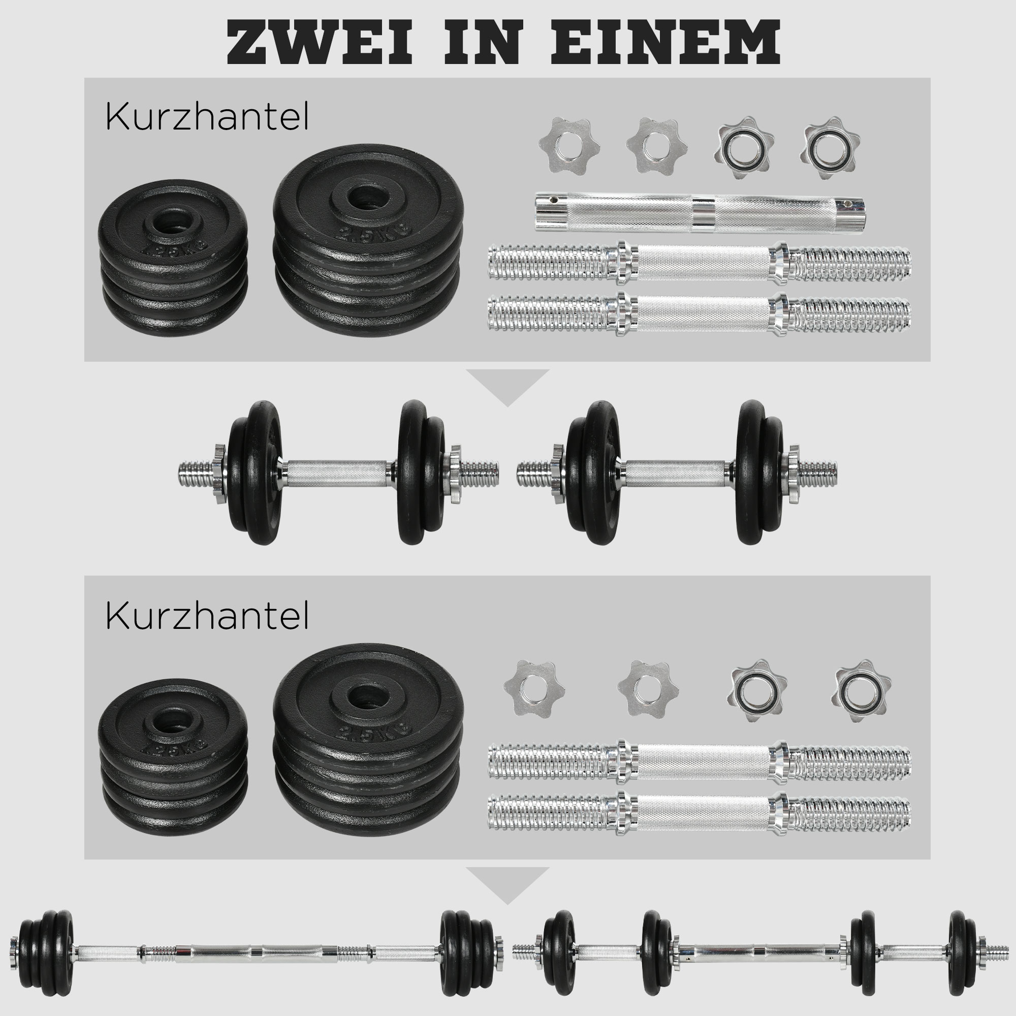 Kurzhantel, Langhantel, 2-in-1, 20 kg, 8 Hantelscheiben, rostfrei, Eisen, schwarz, 95 x 16 x 16Hcm