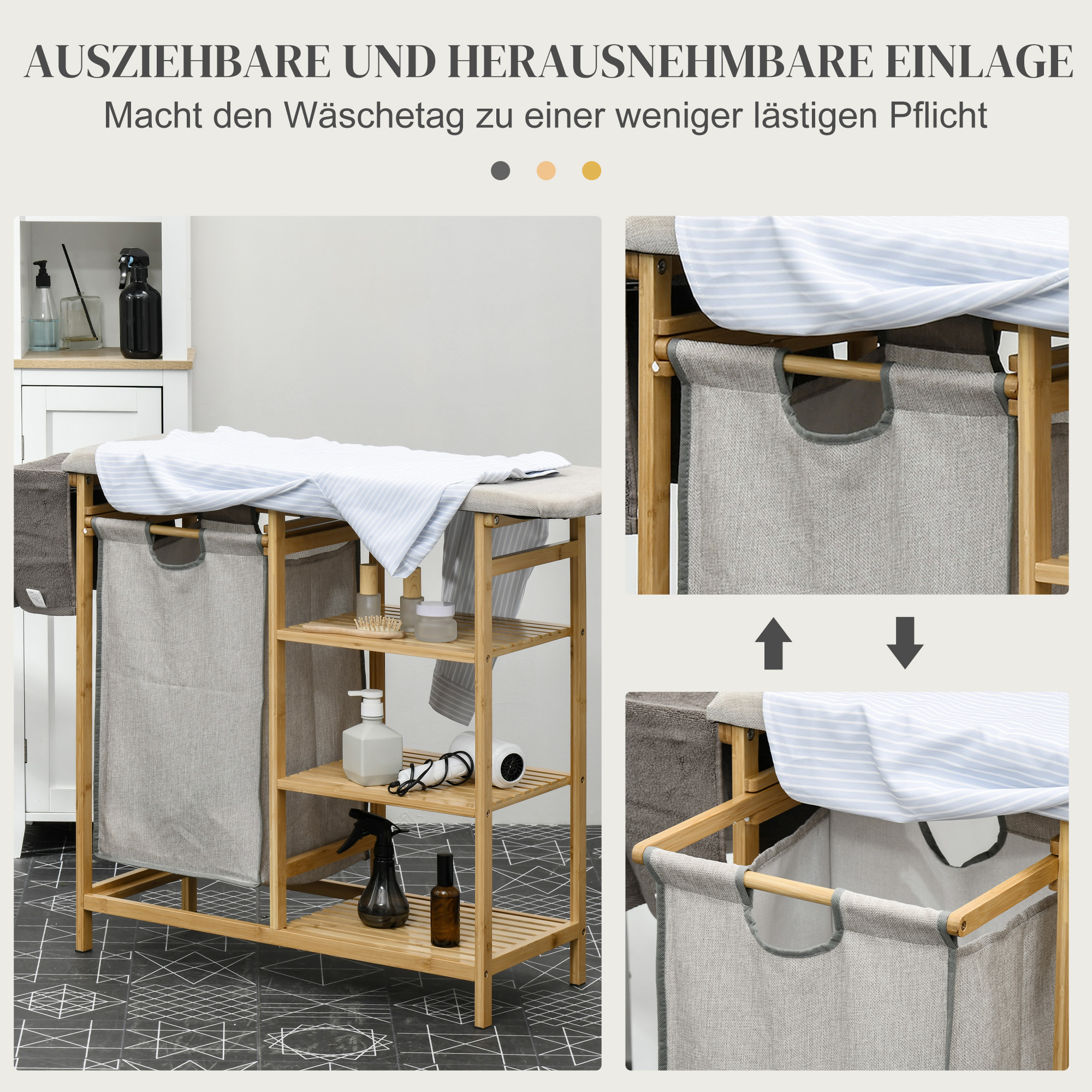 Wäschesammler, multifunktional, Bügelbrett & Stoffsack 57L, Bambusgestell, 113x34x82cm, Natur/Grau