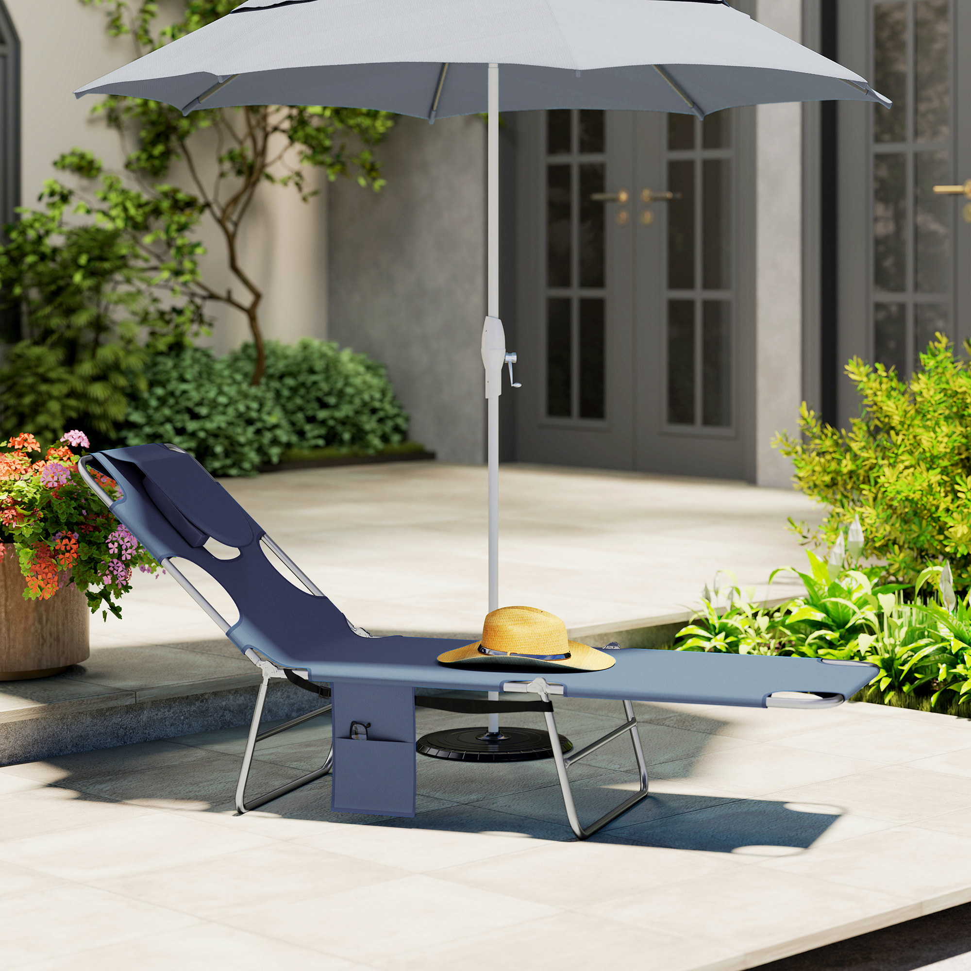 Gartenliege, Liegestuhl mit gepolsterter Gesichtsöffnung, Massage-Liege für draußen, Seitentasche, Stoff, Metall, Grau