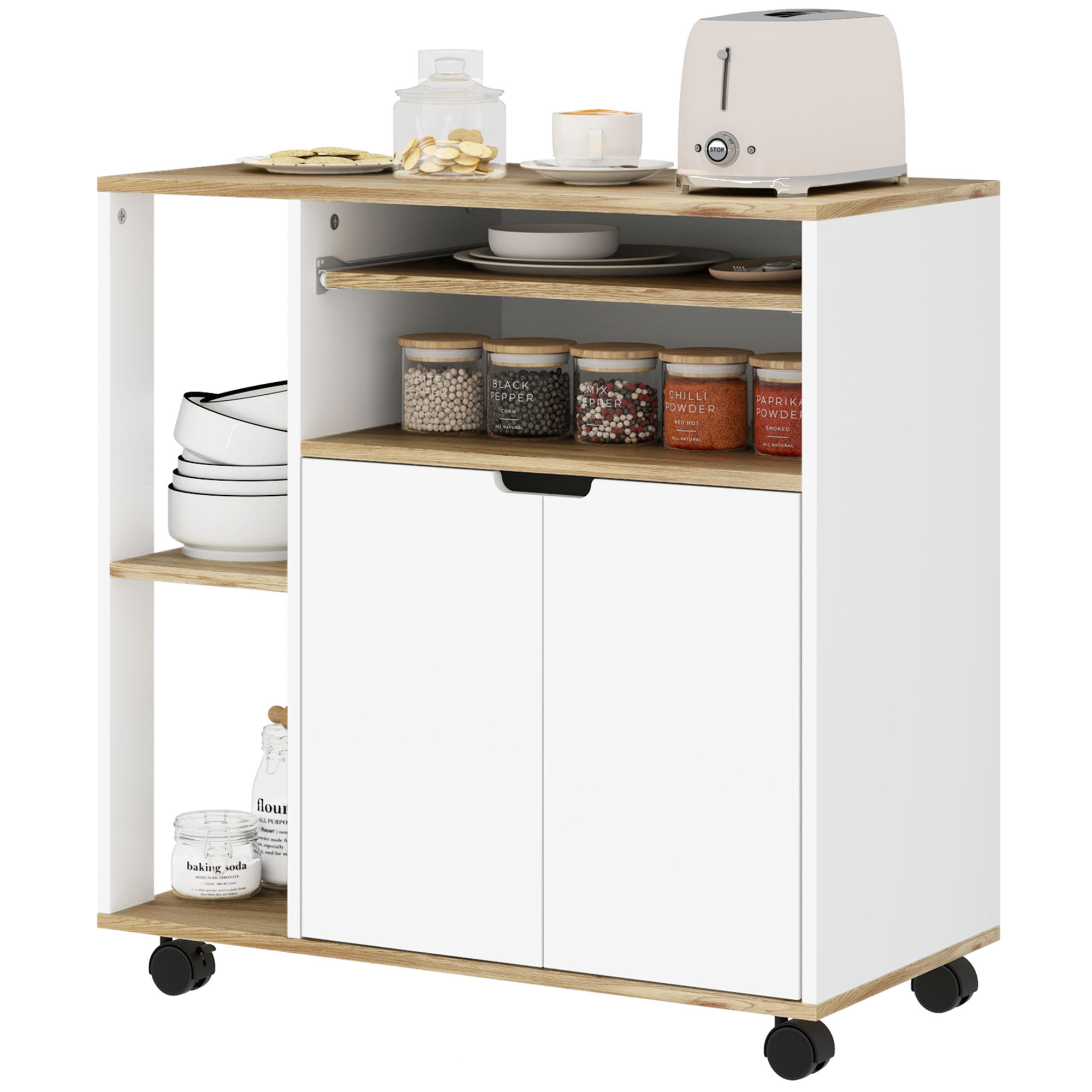 Rollender Küchenwagen mit Stauraum, Schrank, verstellbare Regale, für Küche, Wohnzimmer, Esszimmer, Weiß