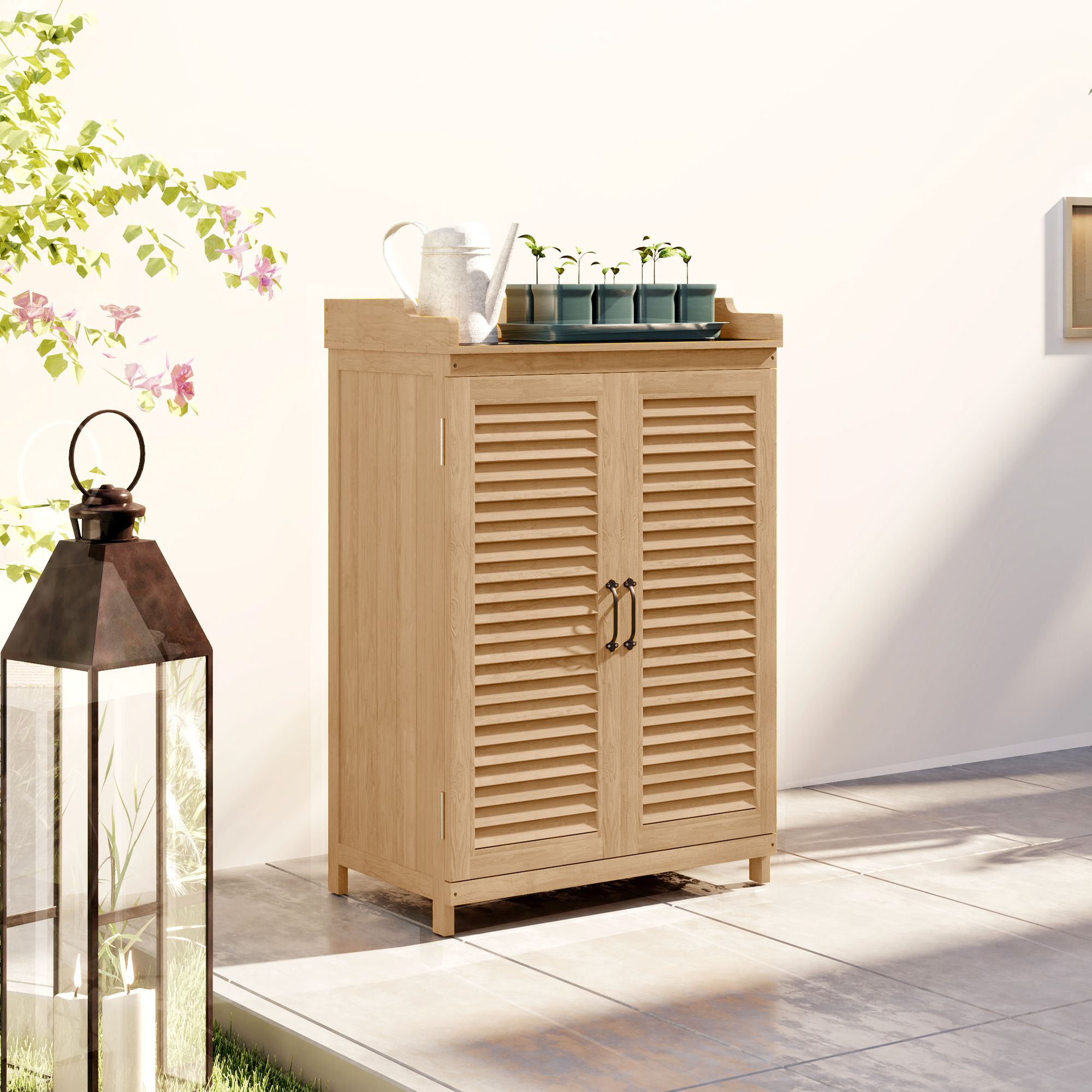 Gartenschrank Holz, Geräteschuppen mit Arbeitsfläche, wetterfest Geräteschrank, 65,5x40x98,5cm Gelb