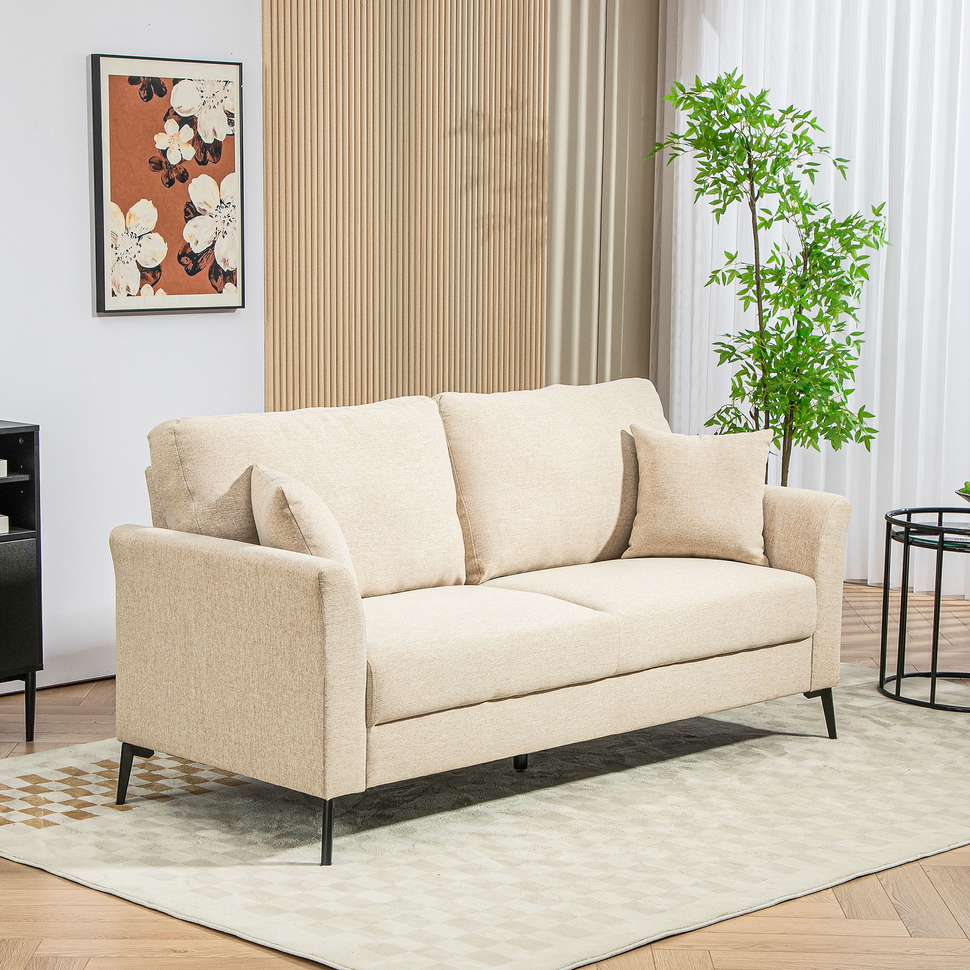 2-Sitzer Sofa mit Leinenoptik, dicke Polsterung, bis 360 kg, 179 x 80 x 89 cm, Beige