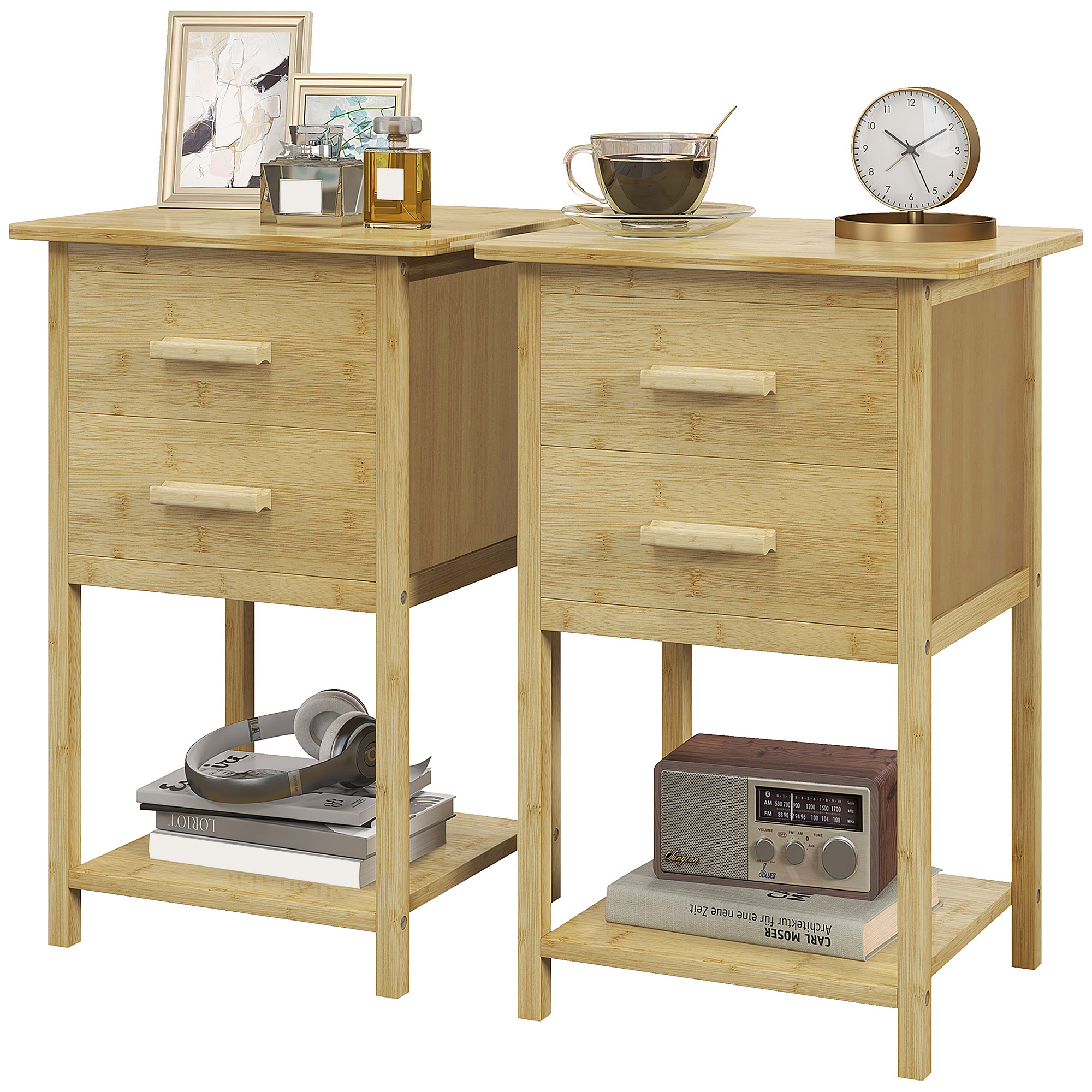Nachtschrank, 2er-Set, Skandi-Design, Bambus, 2 Schubladen & Regal, 40x34x60cm Nachtschrank, 2er-Set, Skandi-Design, Bambus, 2 Schubladen & Regal, 40x34x60cm