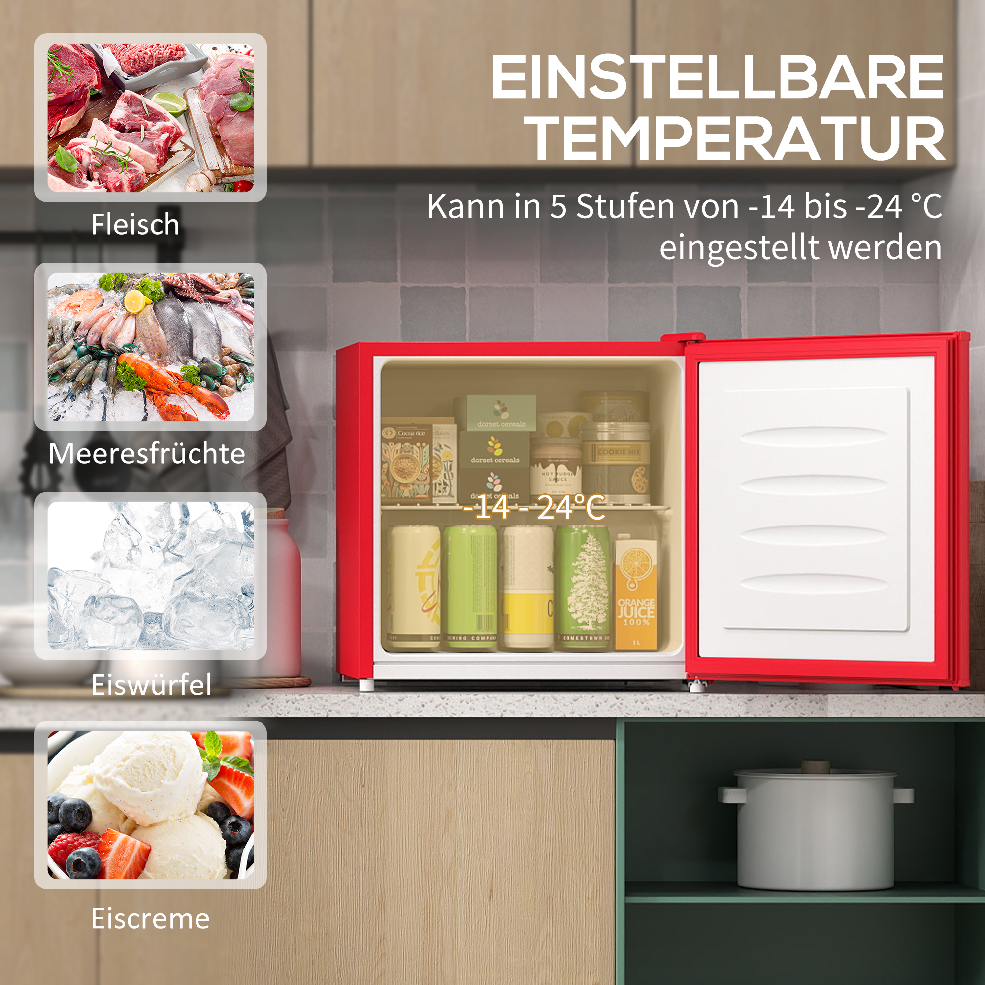 Tischgefrierschrank mit 35 Liter Kapazität, kleiner Gefrierschrank mit umkehrbarer Tür, Rot