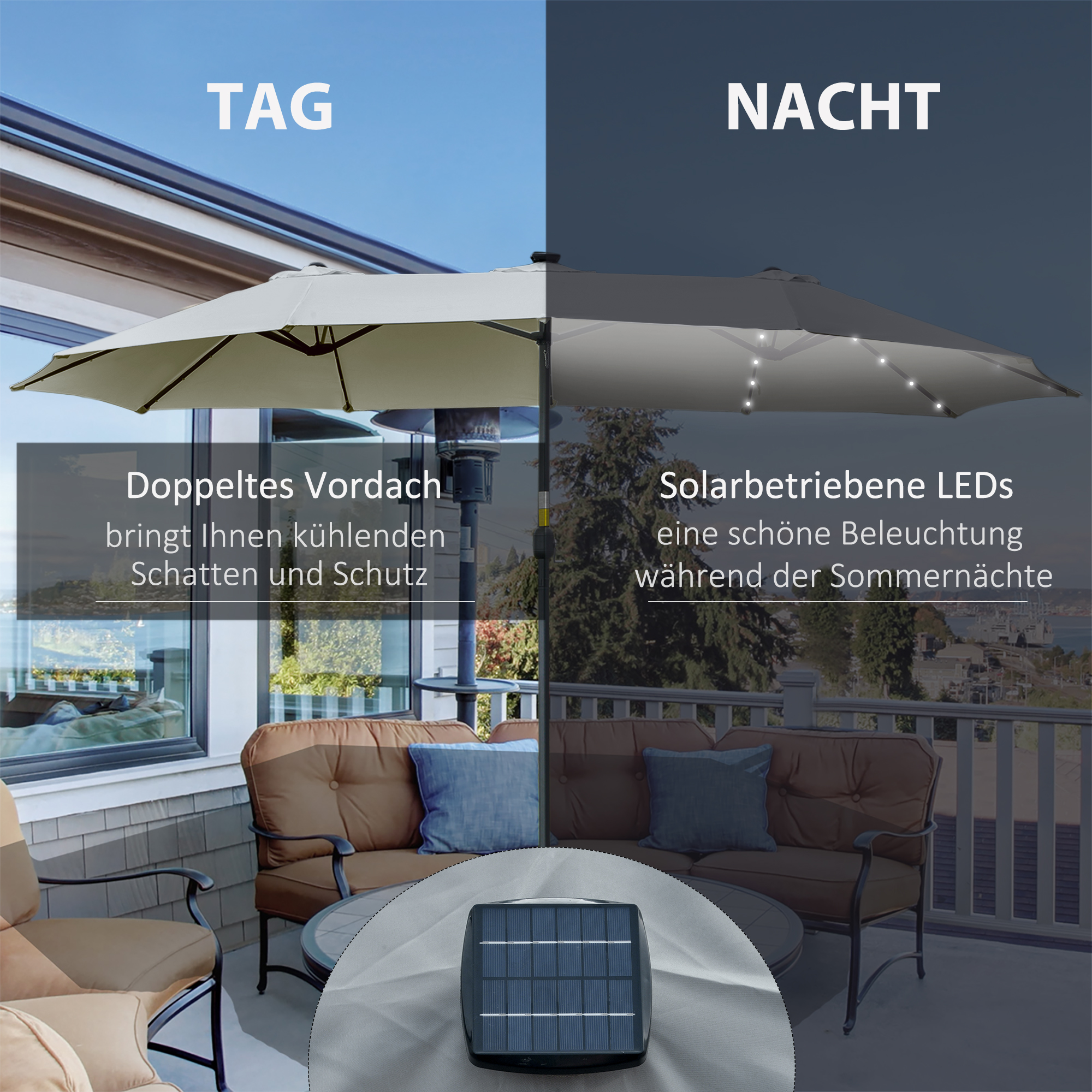 Sonnenschirm mit LED Solar 4,5m Doppelsonnenschirm Gartenschirm Marktschirm Terrassenschirm Oval Hellgrau+Schwarz