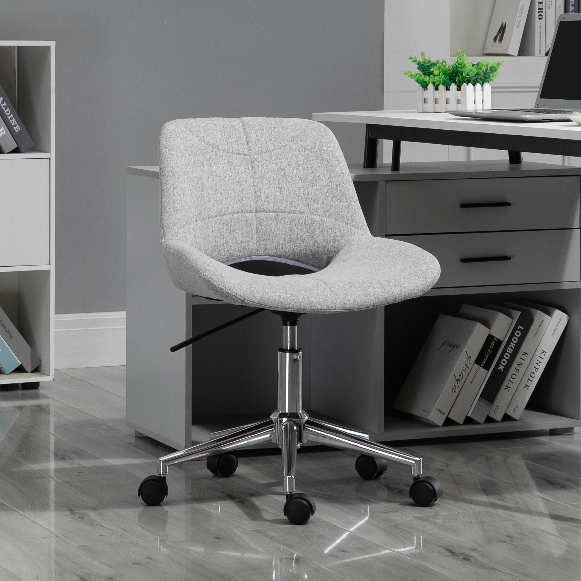 Bürostuhl, höhenverstellbar, um 360° drehbar, bis 110 kg, Metallrahmen, hellgrau, 49 x 56,5 x 73-82,5 cm