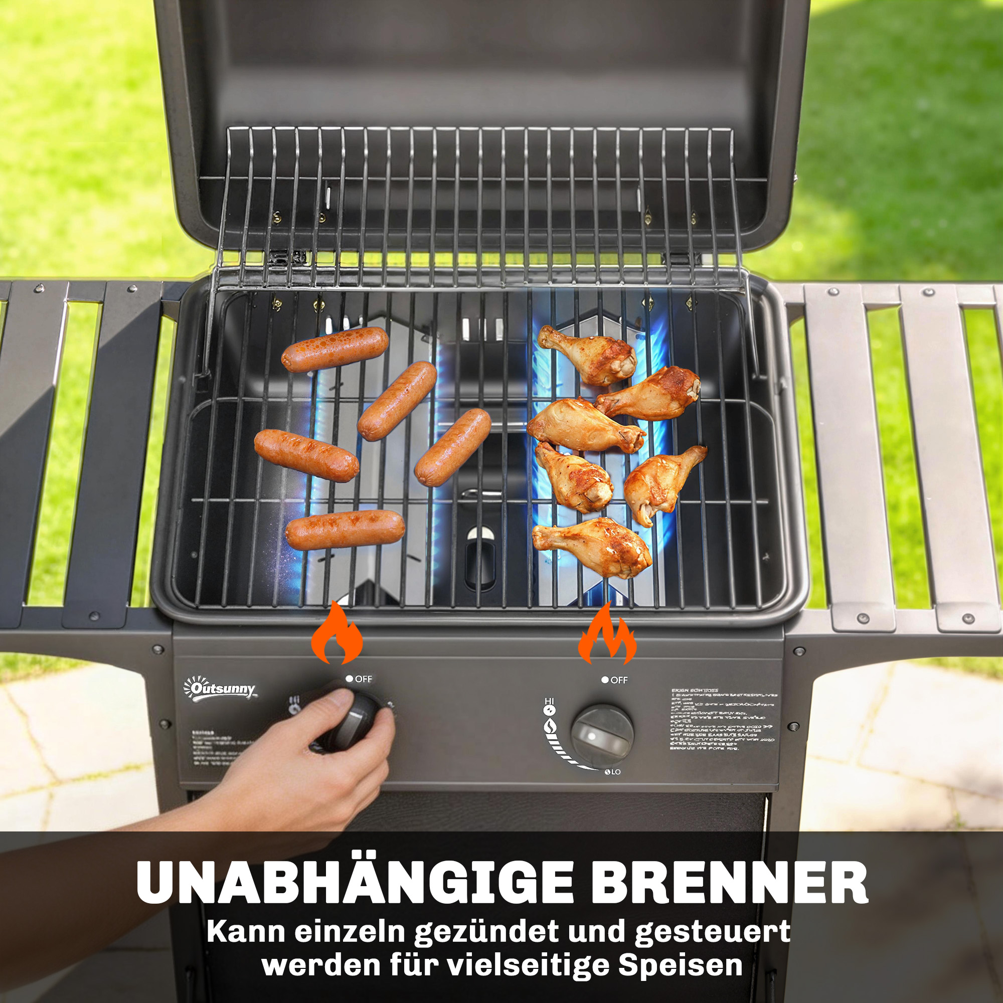 Gasgrill 5 KW 2 Brenner BBQ Grillwagen Edelstahl inkl Seitentisch Unterkorb Frontabdeckung Thermometer Emaille-Grillrost