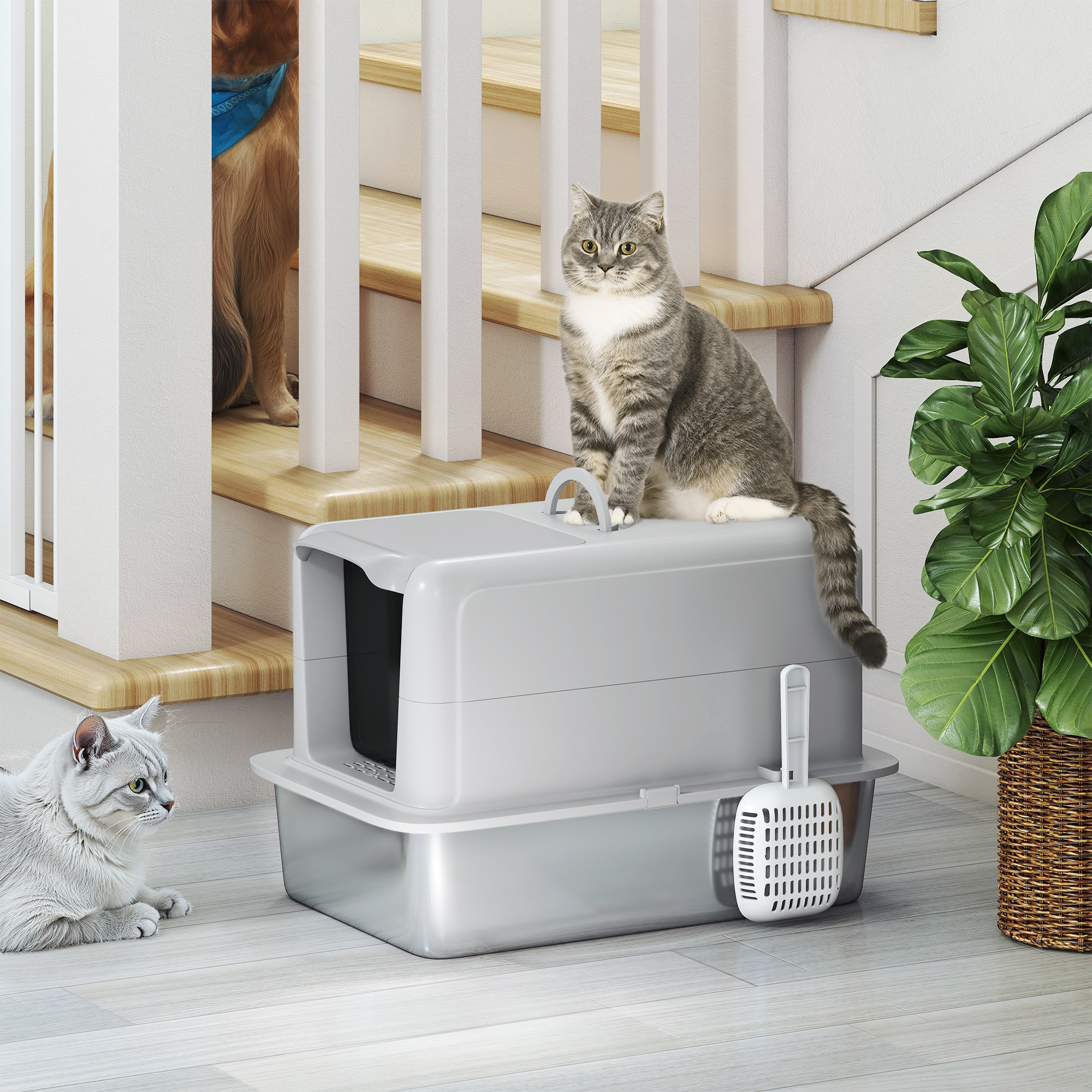 Katzentoilette, Wanne aus Edelstahl, Filter, Schaufel, für Katzen bis 6 kg, 40,5 x 60,5 x 41,5 cm, Grau/Silber