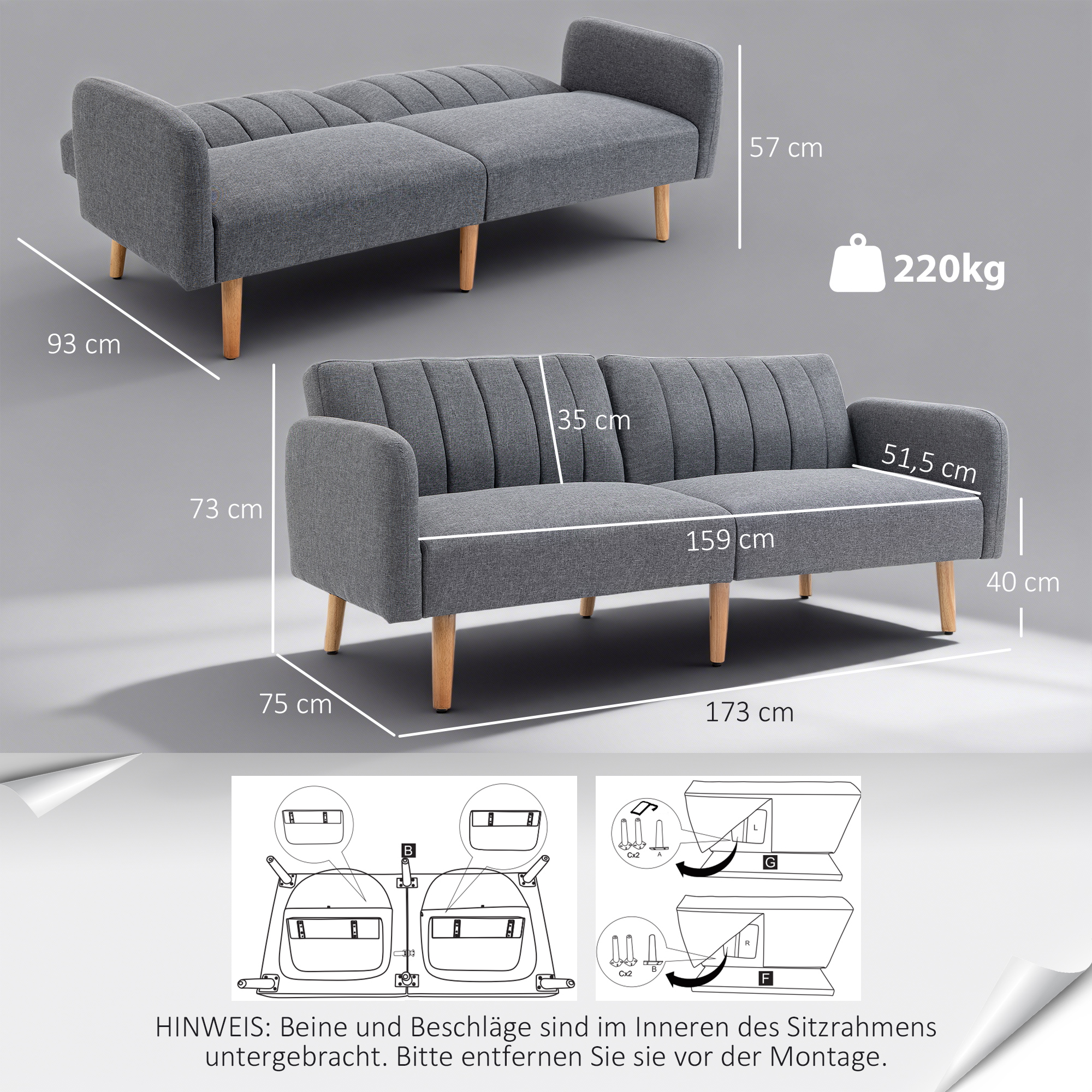 Schlafsofa, 2-Sitzer Stoffsofa, Sofa mit Schlaffunktion, leinenartiges Polyester, Kautschukholz, 173 x 75 x 73 cm, Grau