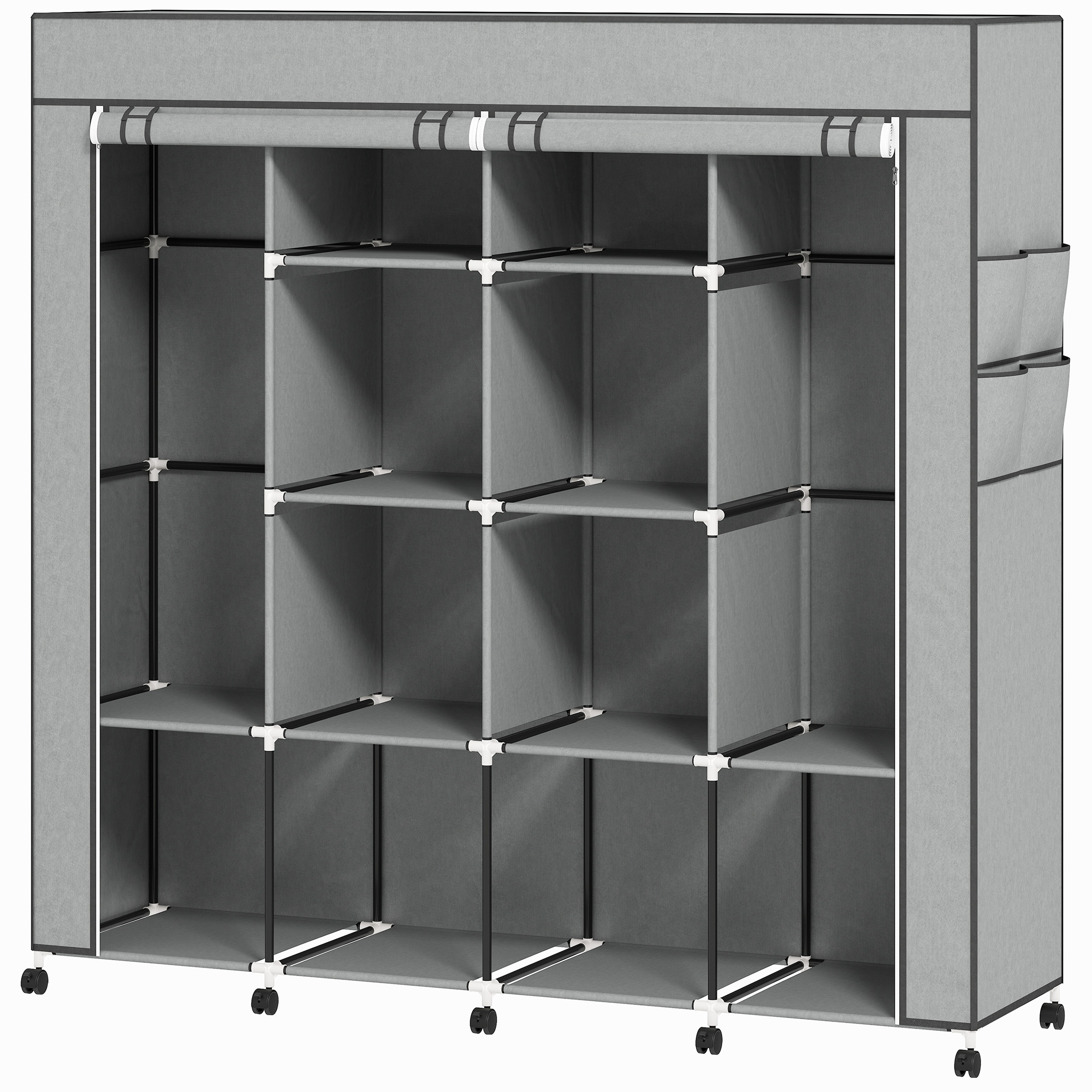 Kleiderschrank Stoffschrank, Türen, 2 Kleiderstangen, 10 Fächer, Grau