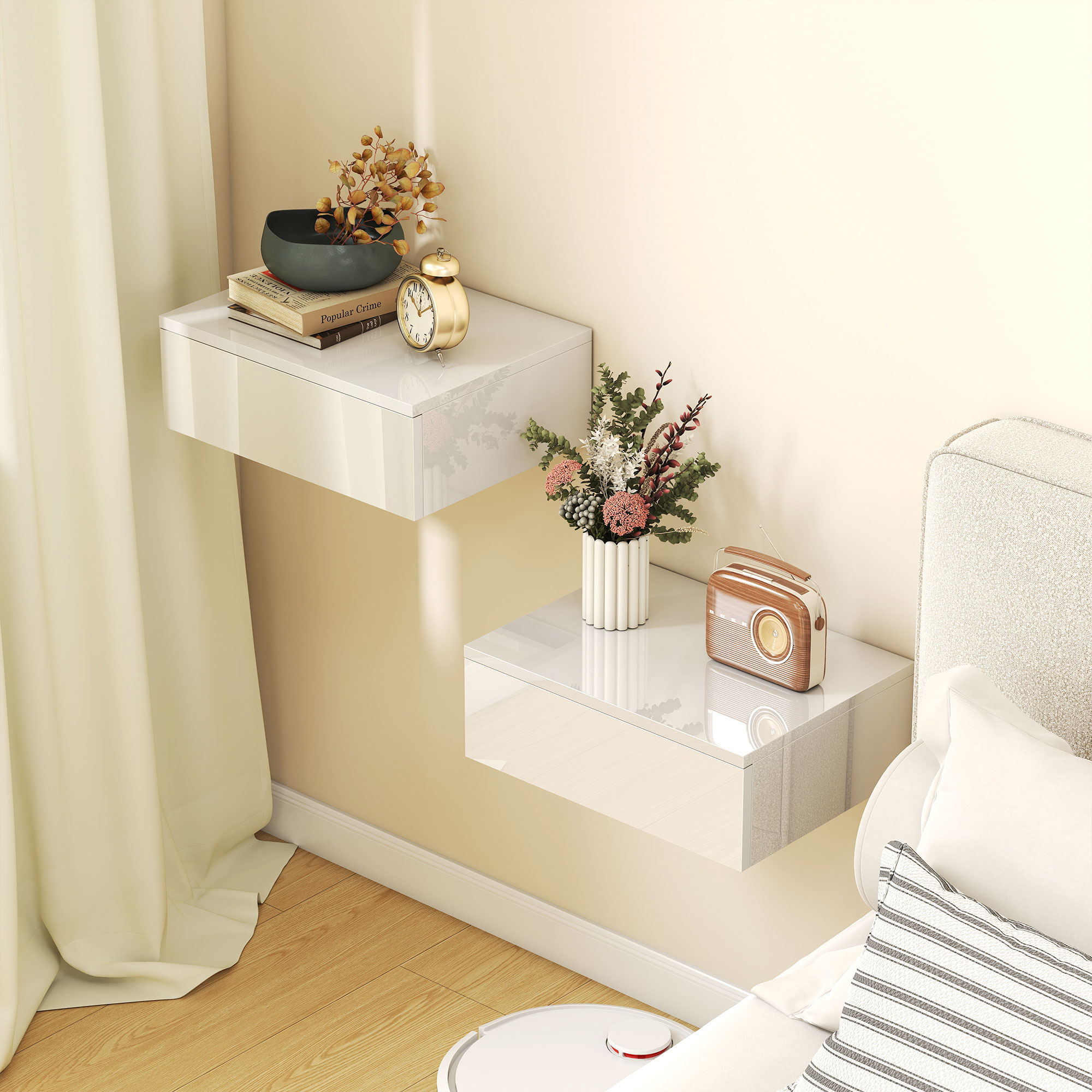 2er-Set Nachttische, wandmontiertes Design, Schublade, für Schlafzimmer, Spanplatte, Weiß