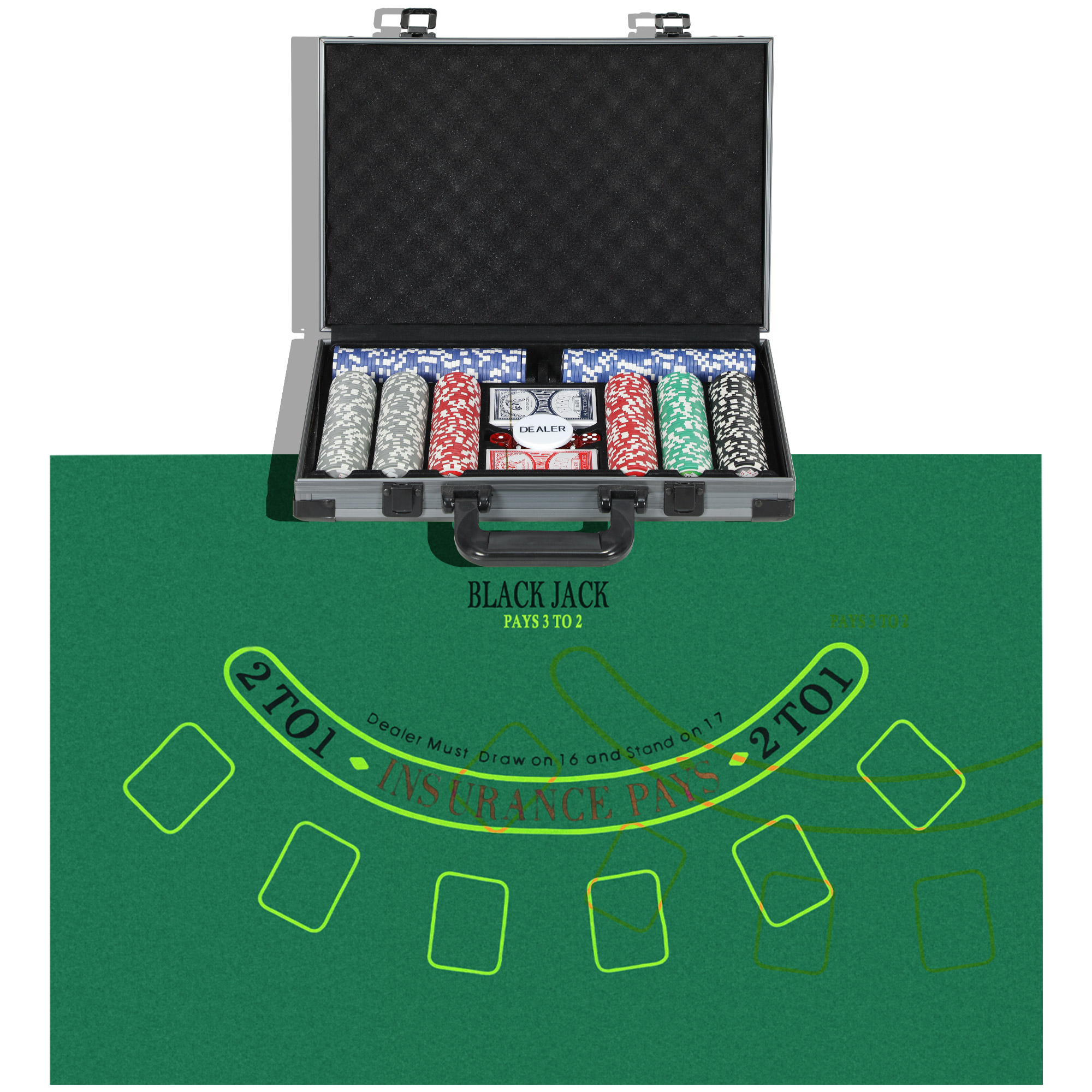 Poker-Set, Pokerkoffer, 400 Chips, 2 Kartendecks, 5 Würfel, Dealer-Scheibe, Unterlage Poker-Set, Pokerkoffer, 400 Chips, 2 Kartendecks, 5 Würfel, Dealer-Scheibe, Unterlage