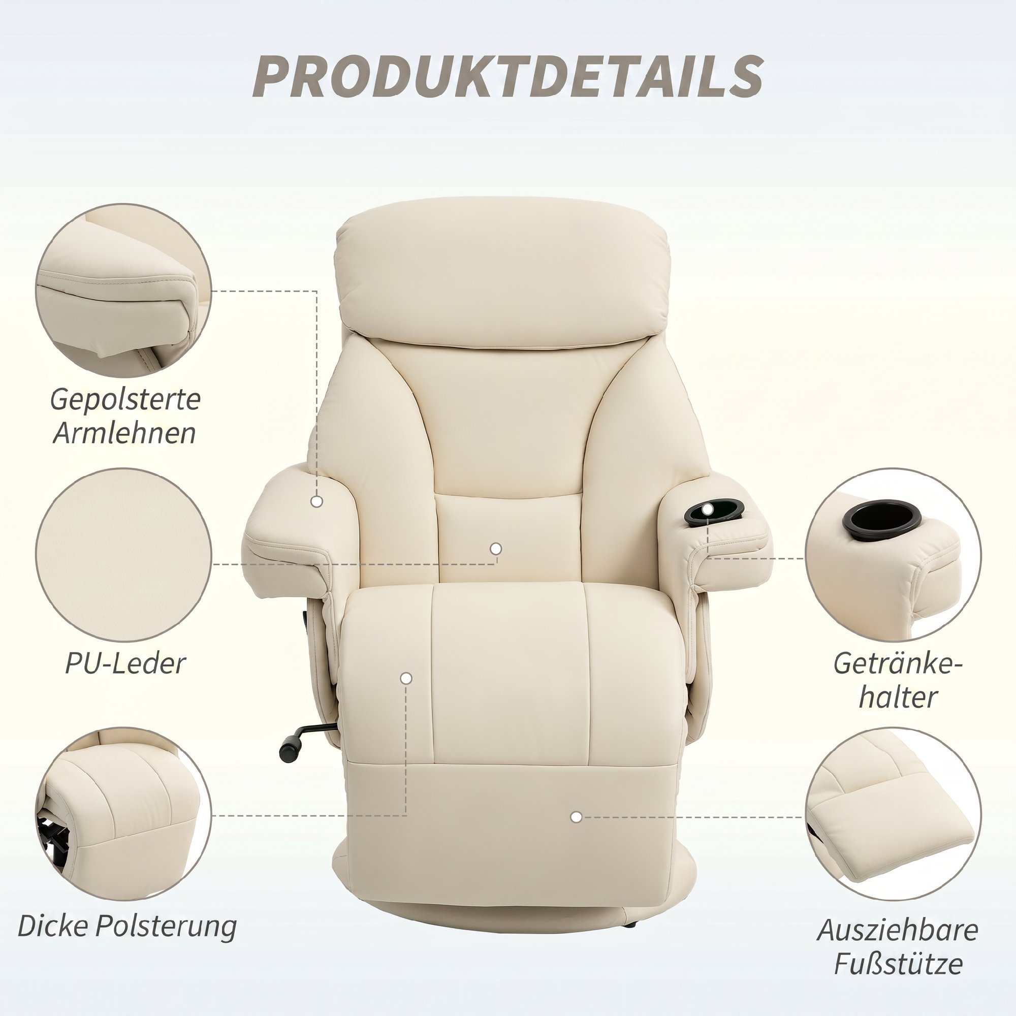 Relaxsessel mit Liegefunktion Fernsehsessel mit Seitentasche, Becherhalter für Wohnzimmer Schlafzimmer Creme