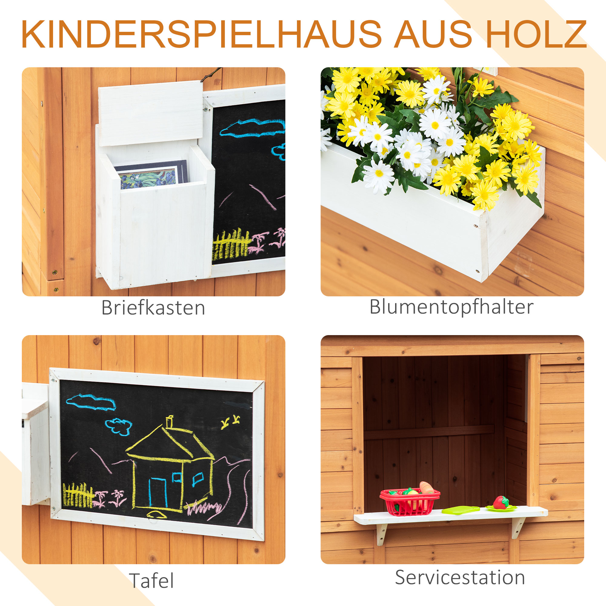 Kinderspielhaus aus Naturholz, mit Briefkasten und Blumenkasten, Natur