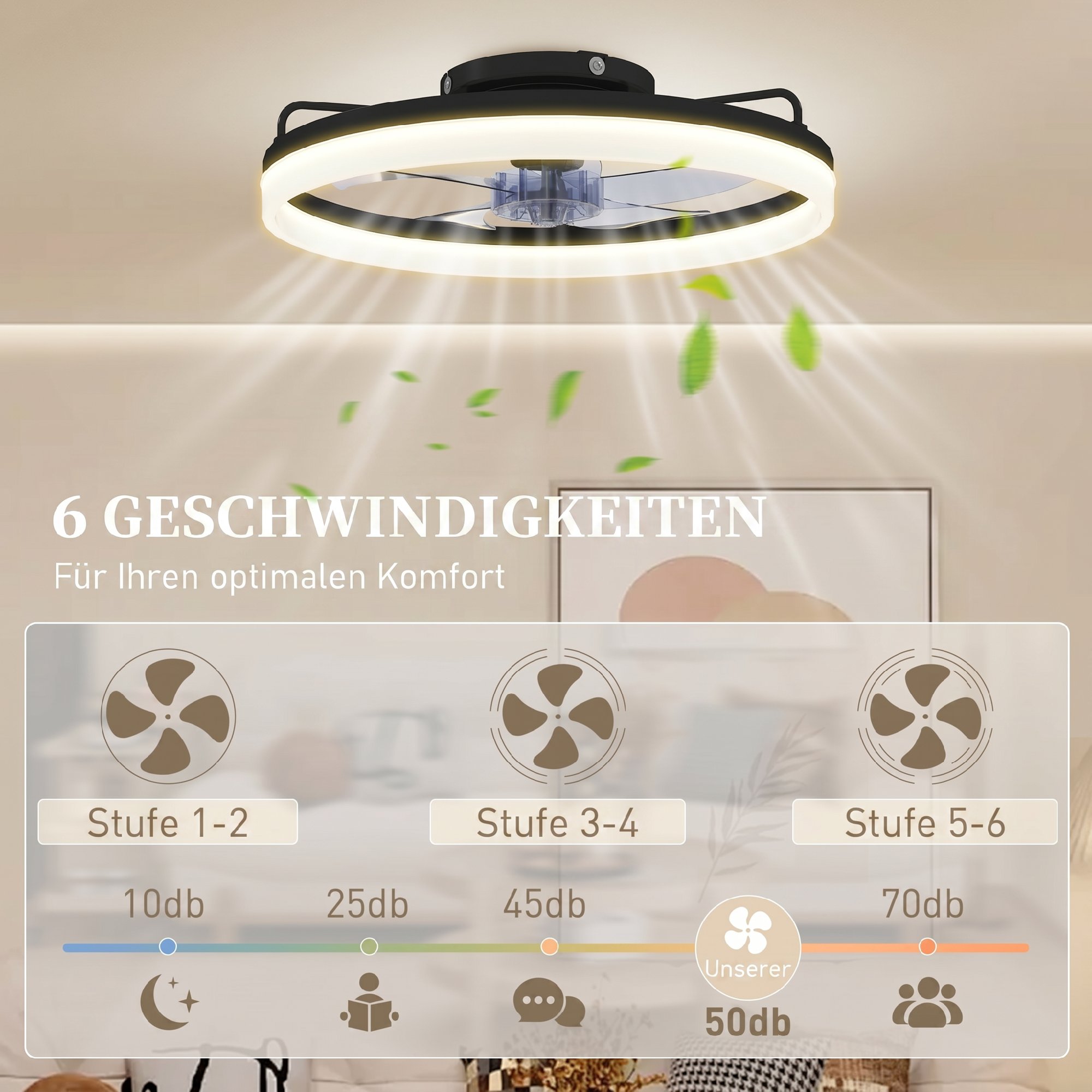 Deckenventilator mit Licht und Fernbedienung, 50 cm LED-Deckenventilator mit 3 Farben, 6 Geschwindigkeiten, Timer, Dimmbar