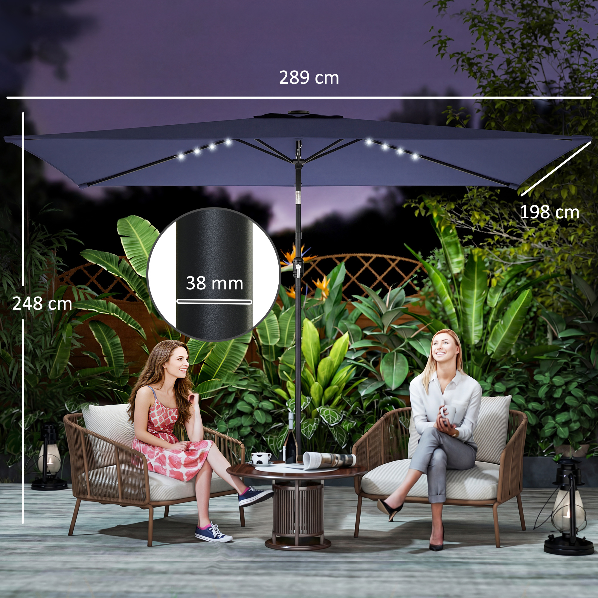 Sonnenschirm LED Solar ca. 300 x 200 cm knickbar Balkonschirm mit Kurbel Schutzhülle, UV Schutz, Drehbar Marineblau