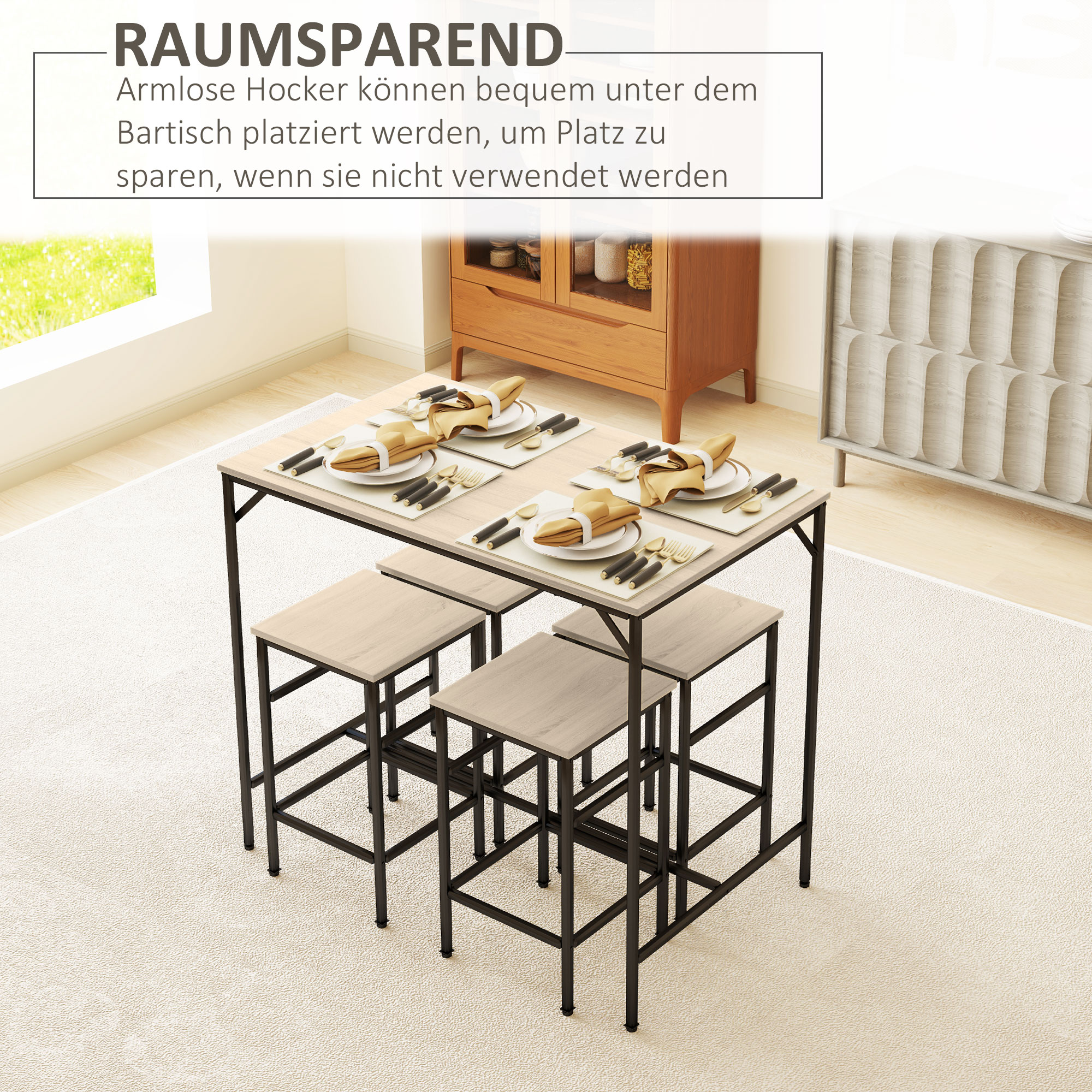 Bartisch-Set Stehtisch mit 4 Barhockern 5-teiliges Tischset Stahl Eiche