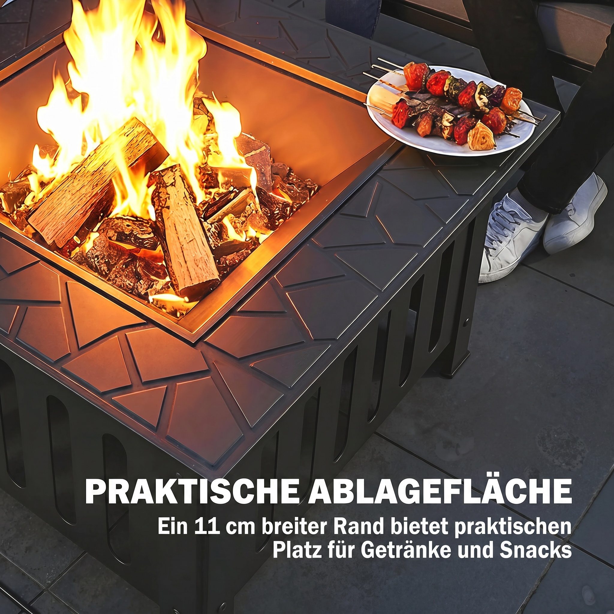 Feuerschale aus Stahl Feuerstelle mit Funkenschutz Schürhaken für Outdoor Camping 67x67x47cm Schwarz