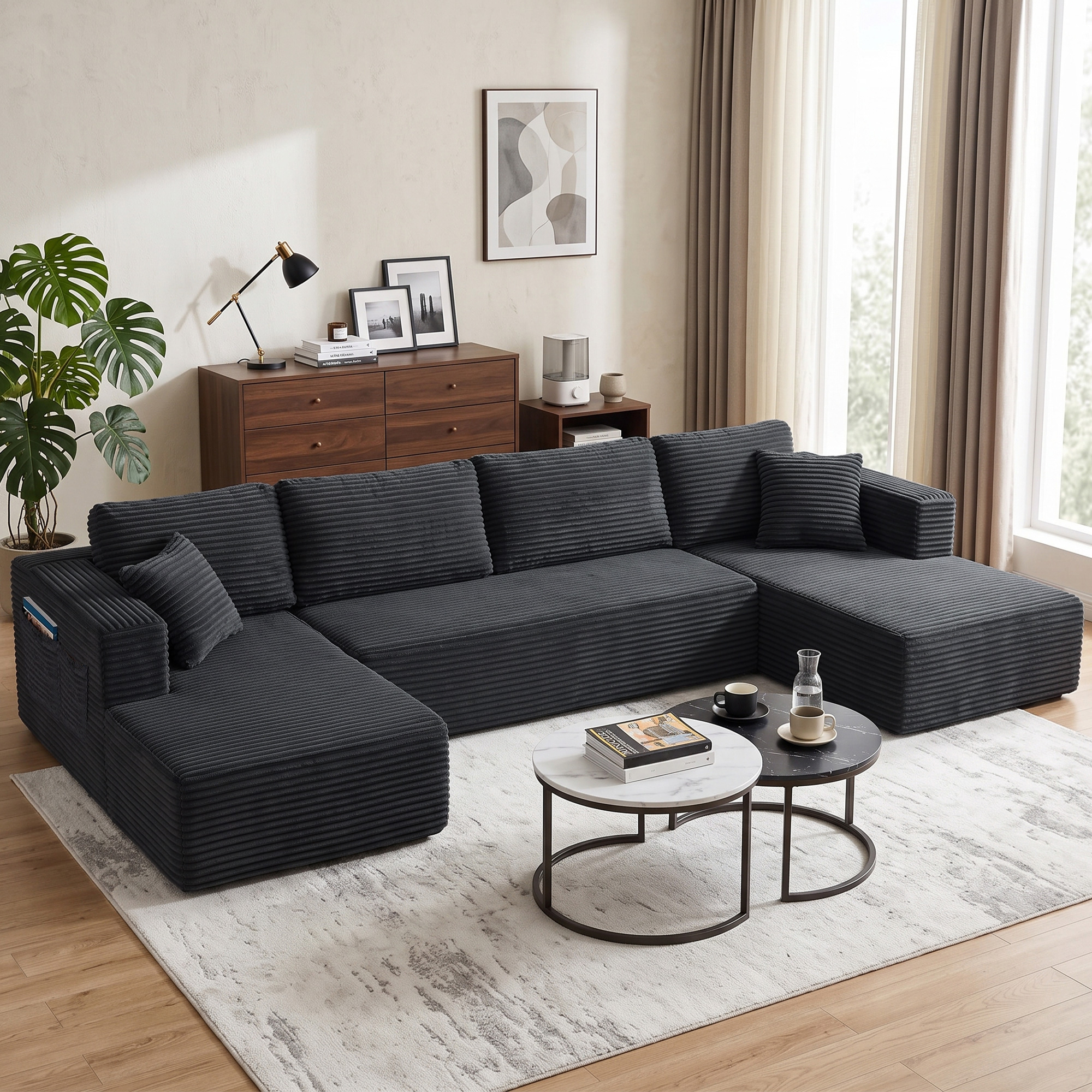 Modulares U-Sofa mit 2 Chaiselongues, Cord-Schlafsofa mit hochdichtem Schaumstoff und Federpolsterung, Dunkelgrau