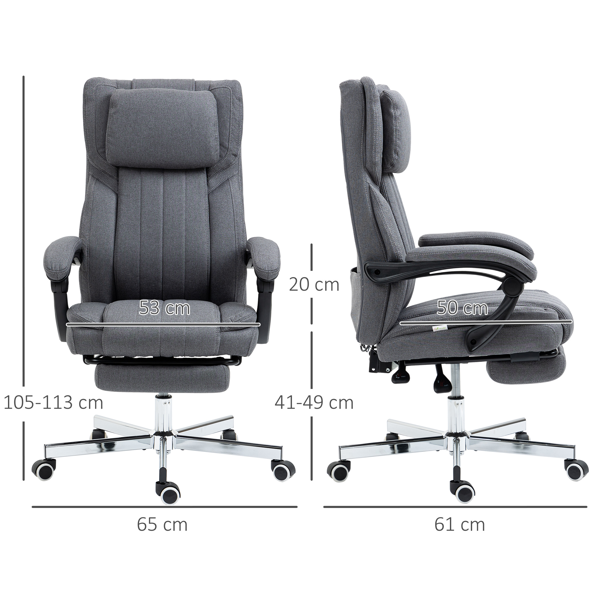 Bürostuhl mit Massagefunktion, neigbare Rücklehne, ausziehbare Fußstütze, Leinenoptik, grau, 65 x 61 x 113 cm