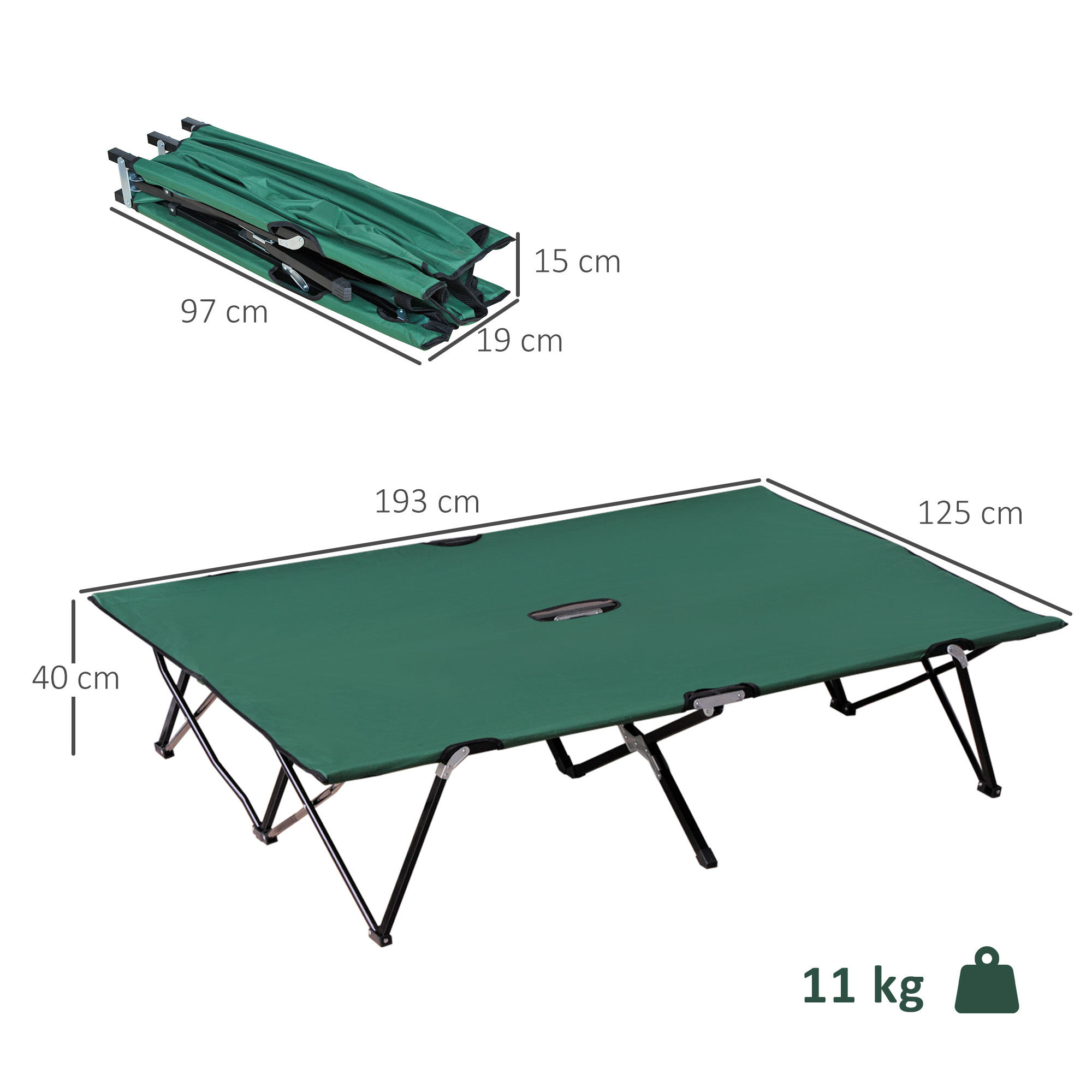 Campingbett Klappbar für 2 Personen Feldbett Klappbett mit Tragetasche bis 136 kg belastbar Stahl Oxford Grün+Schwarz 193 x 125 x 40 cm