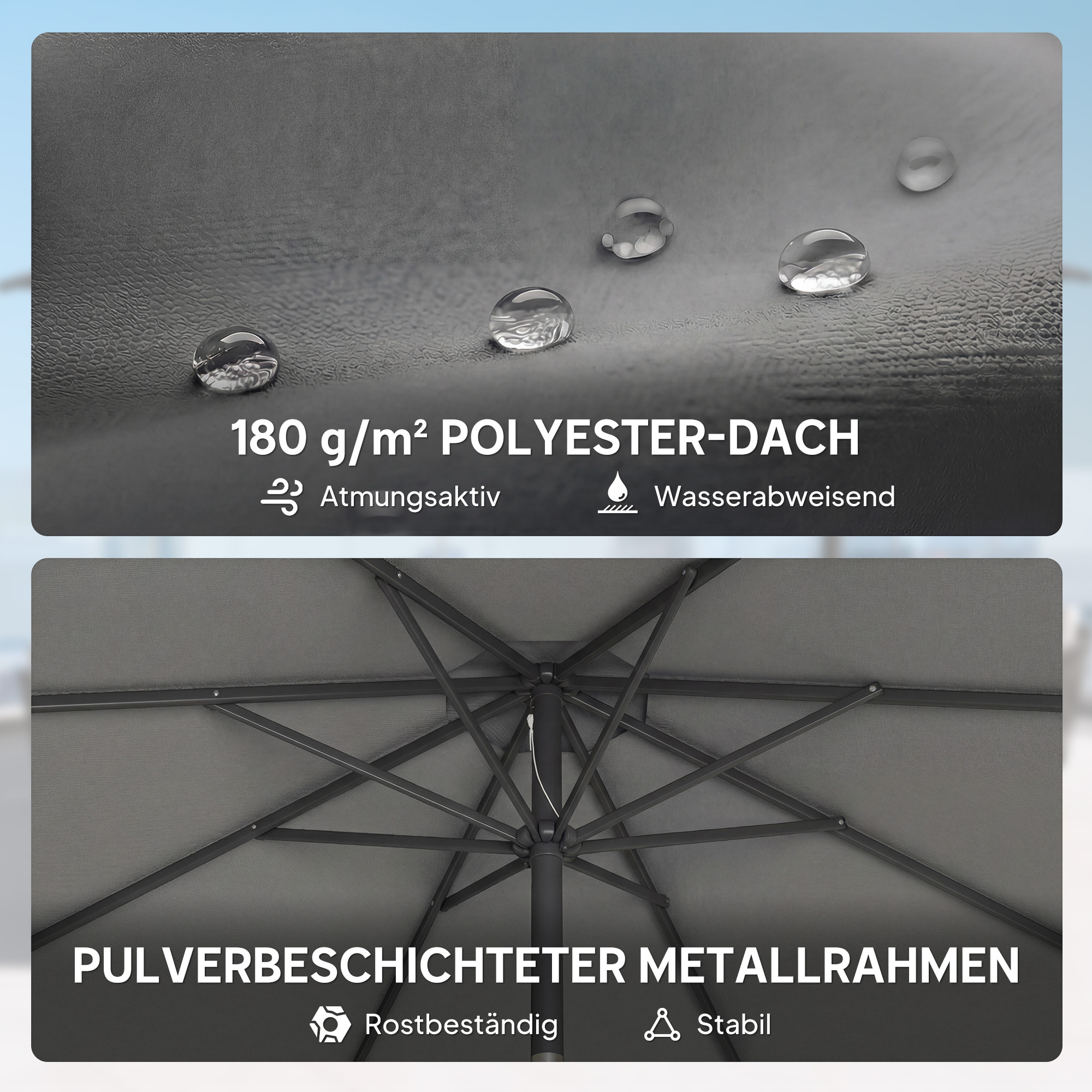 Sonnenschirm ca. Ø300 cm neigbar Balkonschirm mit Kurbel Kreuzfuß Sandsack, UV 30+ Einziehbar Dunkelgrau