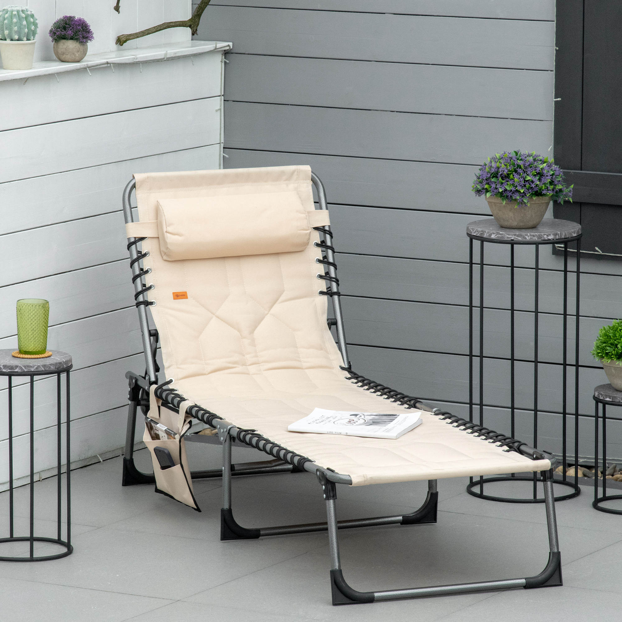 Sonnenliege, Faltbare Gartenliege, Klappliege mit Kissen, 5-stufige Rückenlehne, Oxfordstoff, 188 x 57 x 30 cm, Beige