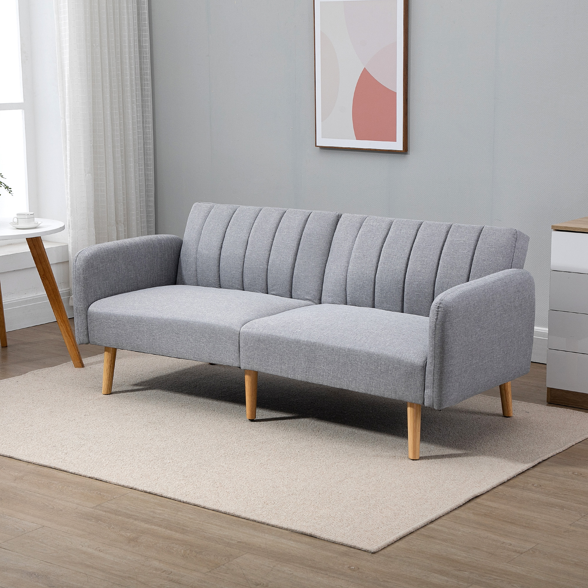 Schlafsofa, 2-Sitzer Stoffsofa, Sofa mit Schlaffunktion, leinenartiges Polyester, Kautschukholz, 173 x 75 x 73 cm, Grau
