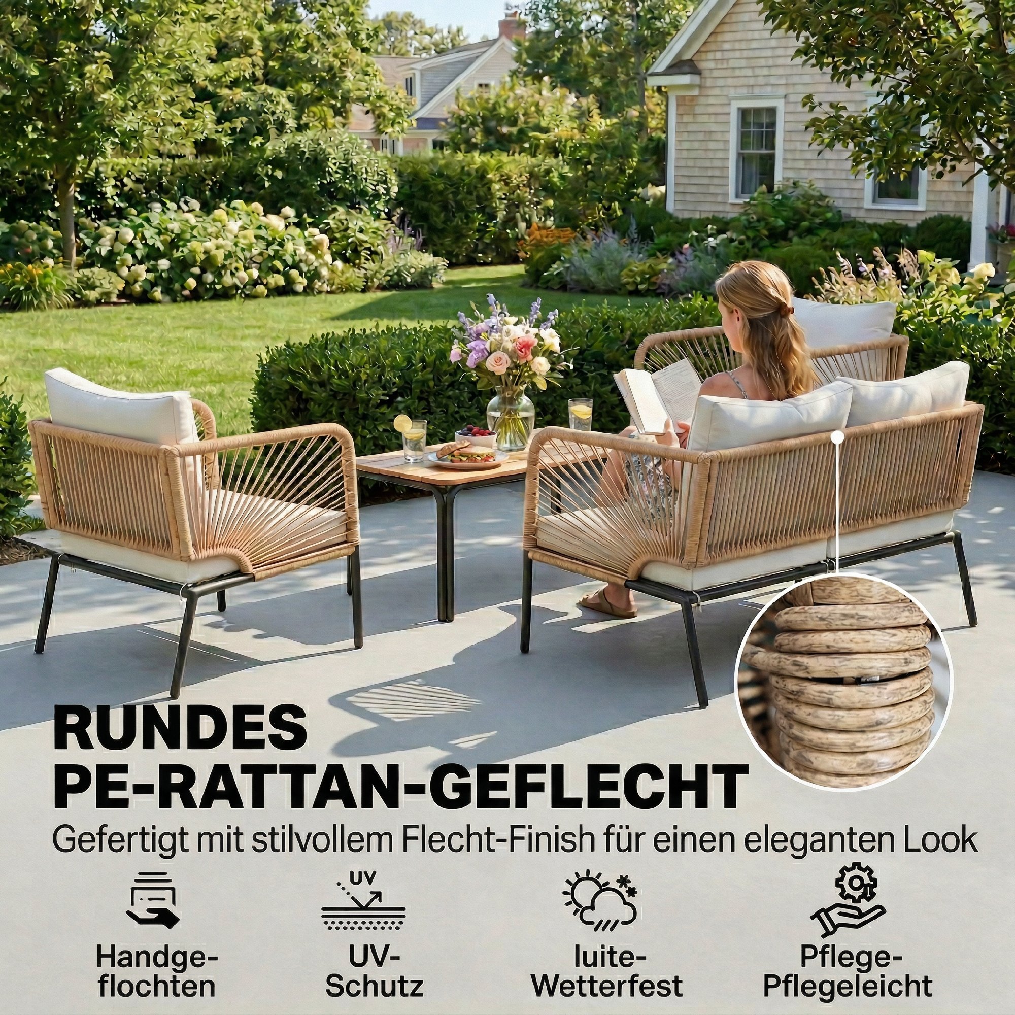 Gartenmöbel Set Sitzgruppe für 4 Personen Gartenlounge mit 2er Sofa 2 Sessel Lamell-Tisch Seilflecht waschbar Sitzkissen