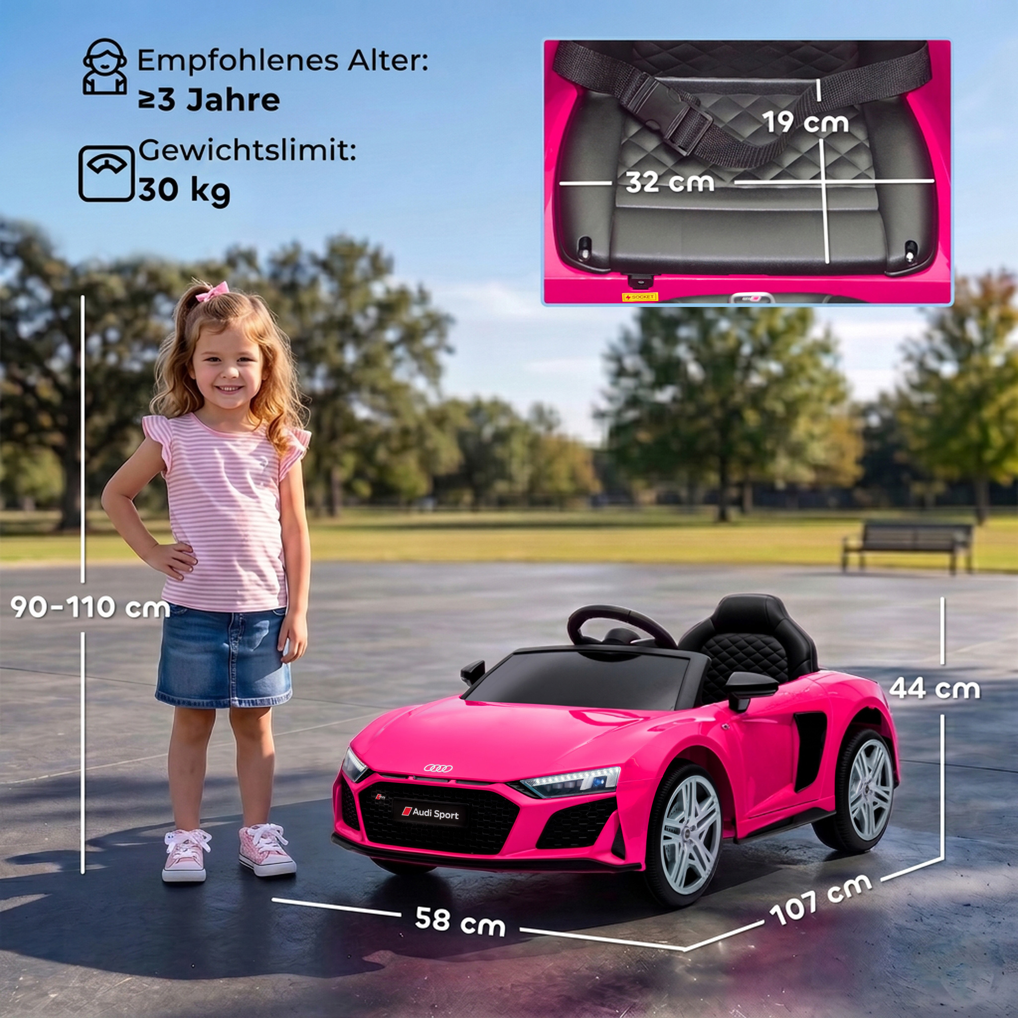 Kinder Elektroauto 12V Kinderauto mit Fernbedienung Lithium-Akku 2 Motor Sanftanlauf Hinterradfederung Rosa