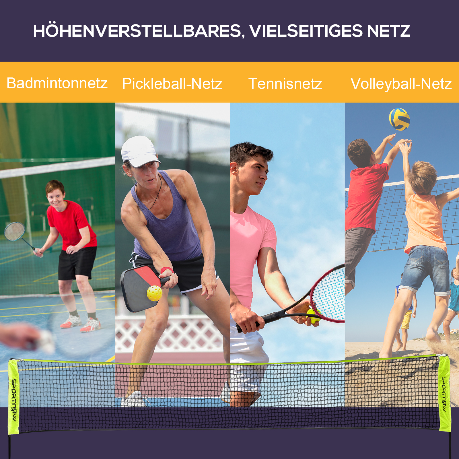 Badmintonnetz höhenverstellbar 107-155 cm, für Badminton, Tennis, Pickleball, Volleyball, inkl. Tasche